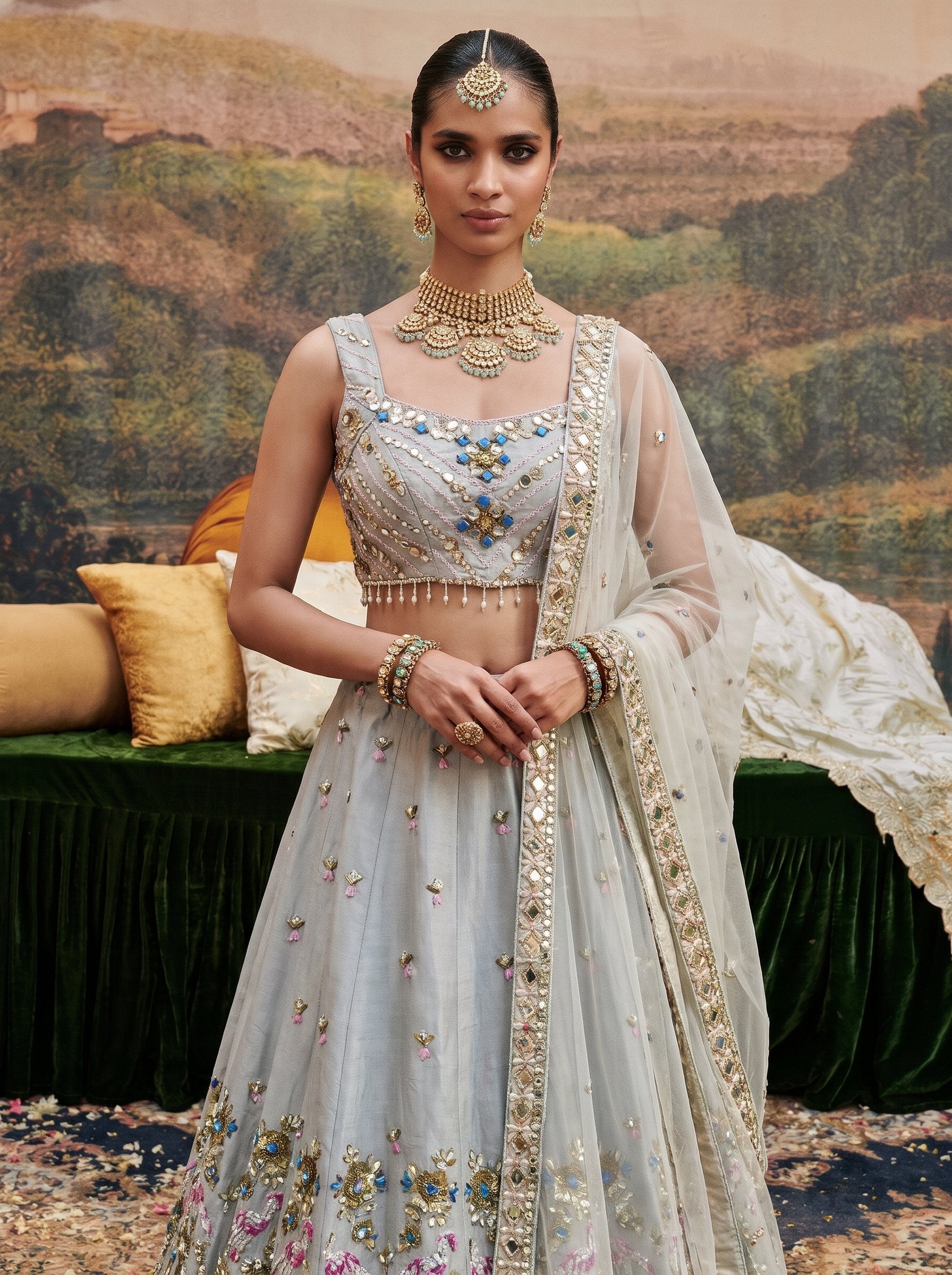 Ice grey raw silk embellished lehenga set with dupatta - close-up of embroidered blouse