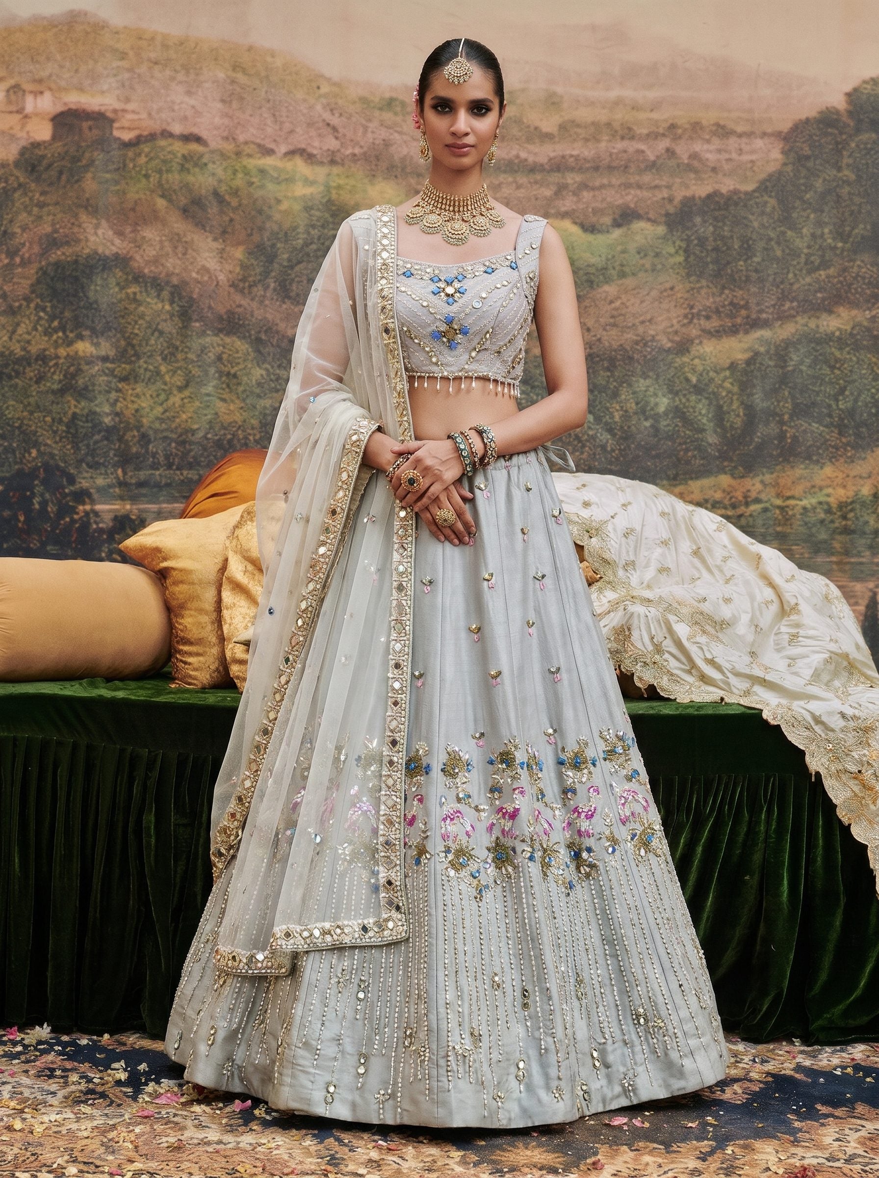 Ice grey raw silk embellished lehenga set with dupatta - front view