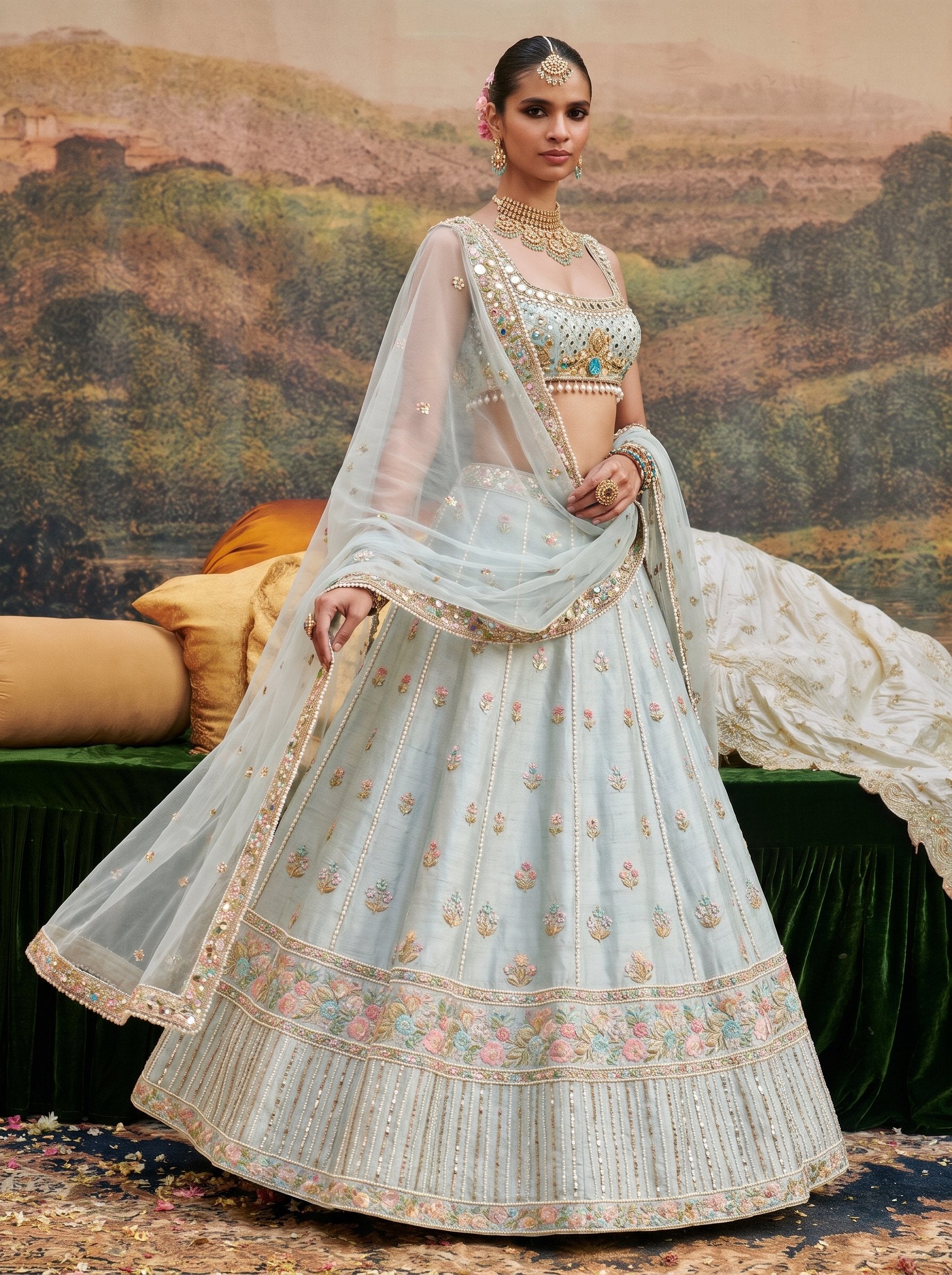 Ice grey raw silk embellished lehenga set with dupatta - three-quarter view with dupatta