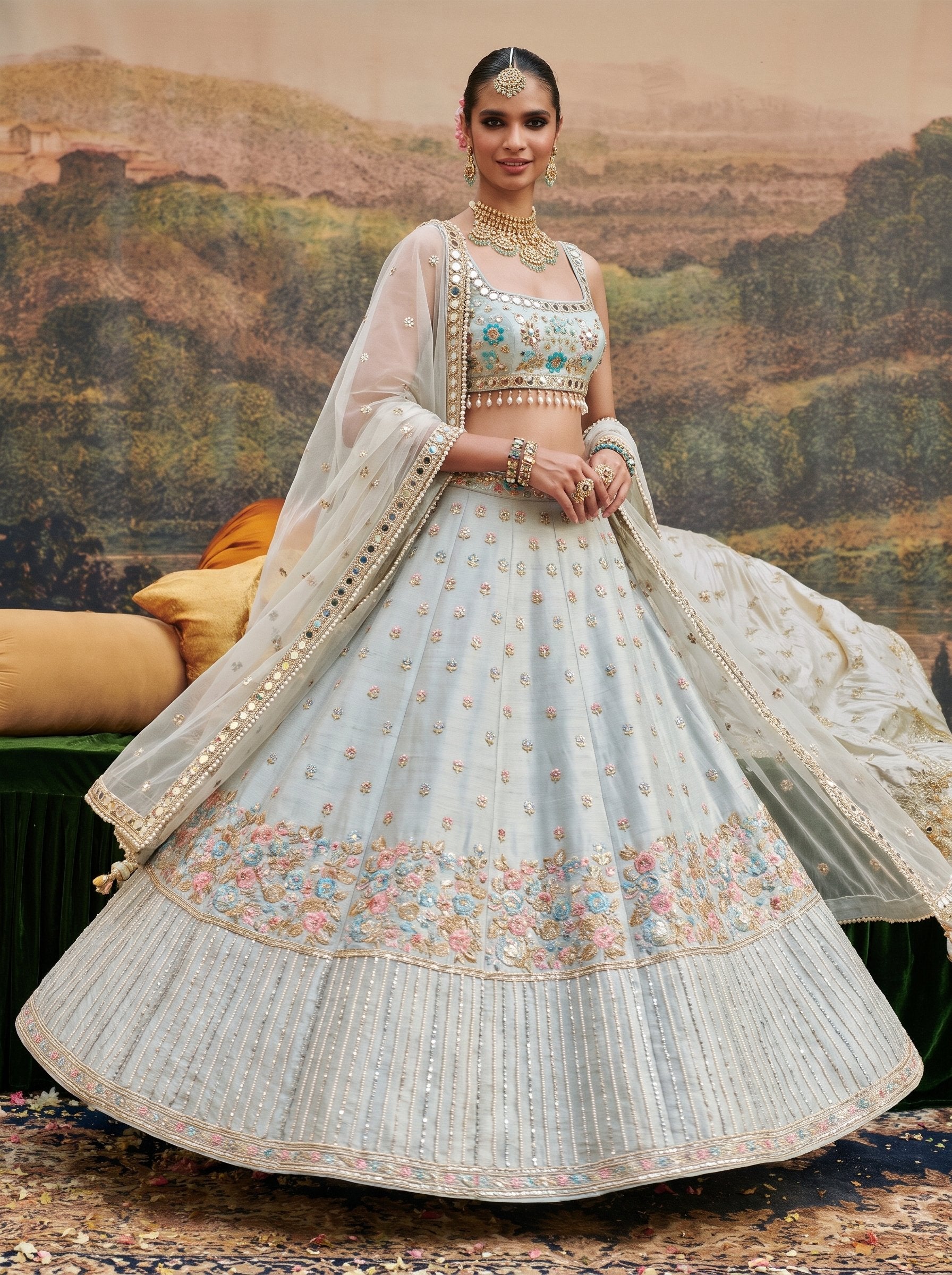 Ice grey raw silk embellished lehenga set with dupatta - twirl showing skirt flare
