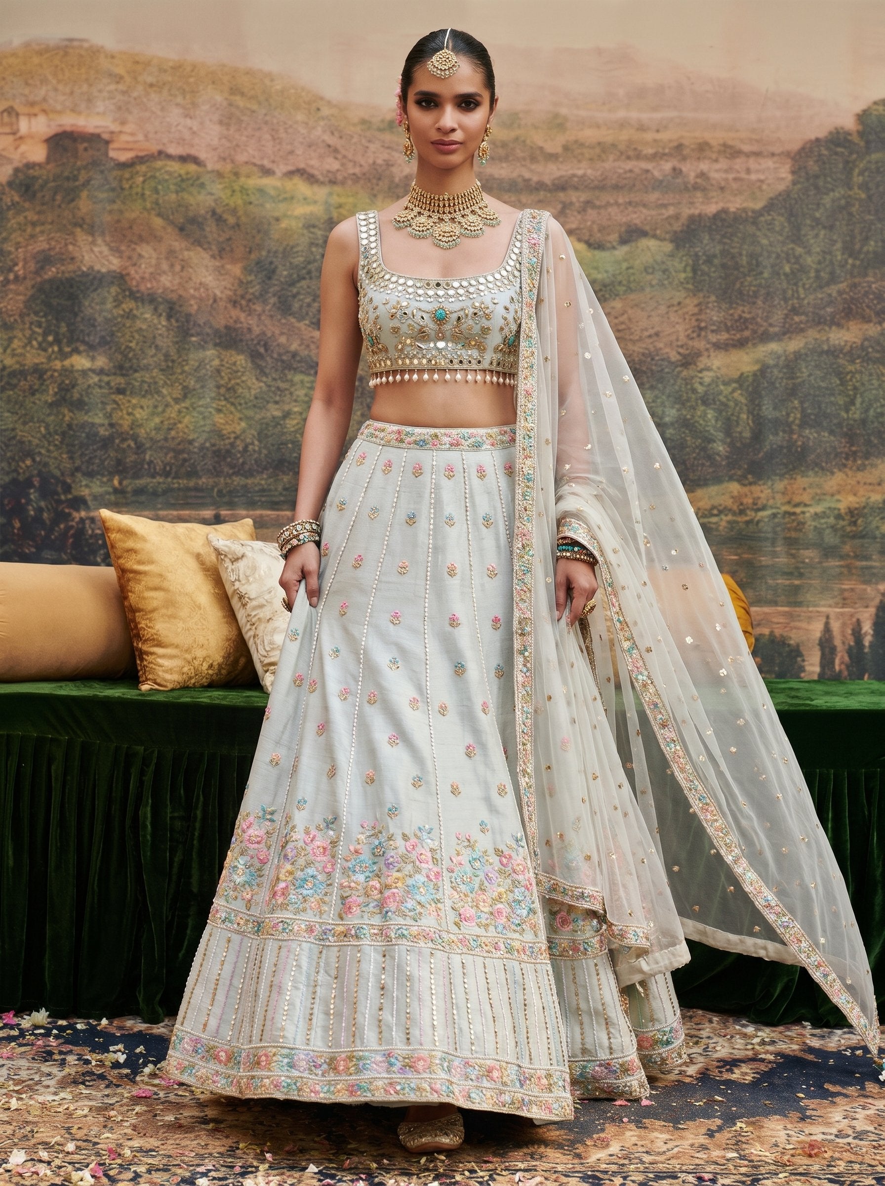 Ice grey raw silk embellished lehenga set with dupatta - walking full look