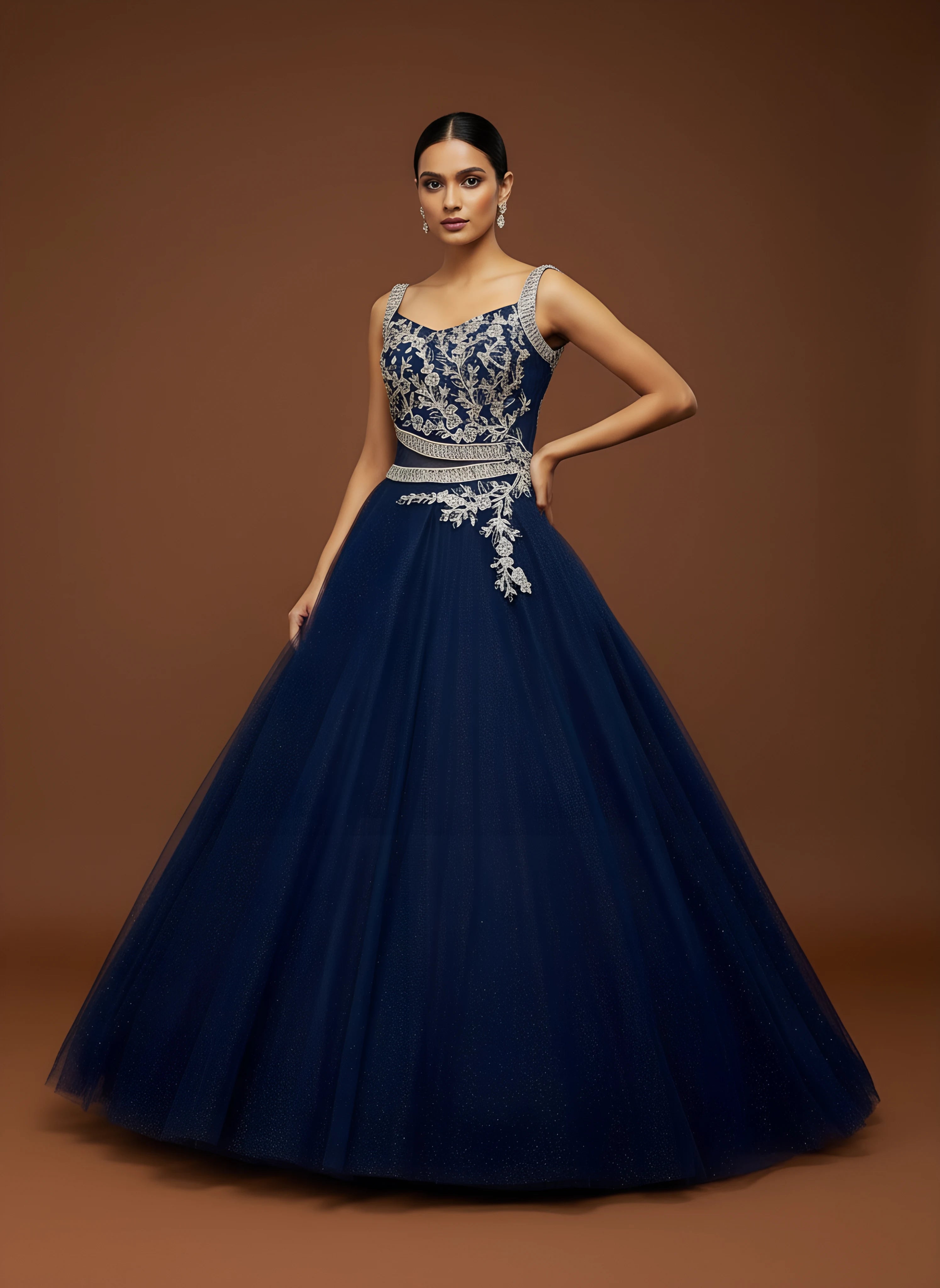 Navy Blue Sequins Embroidered Net Engagement Gown- Daabu Jaipur - Daabu Jaipur Navy Blue Sequins Embroidered Net Engagement Gown- Daabu Jaipur - Daabu Jaipur