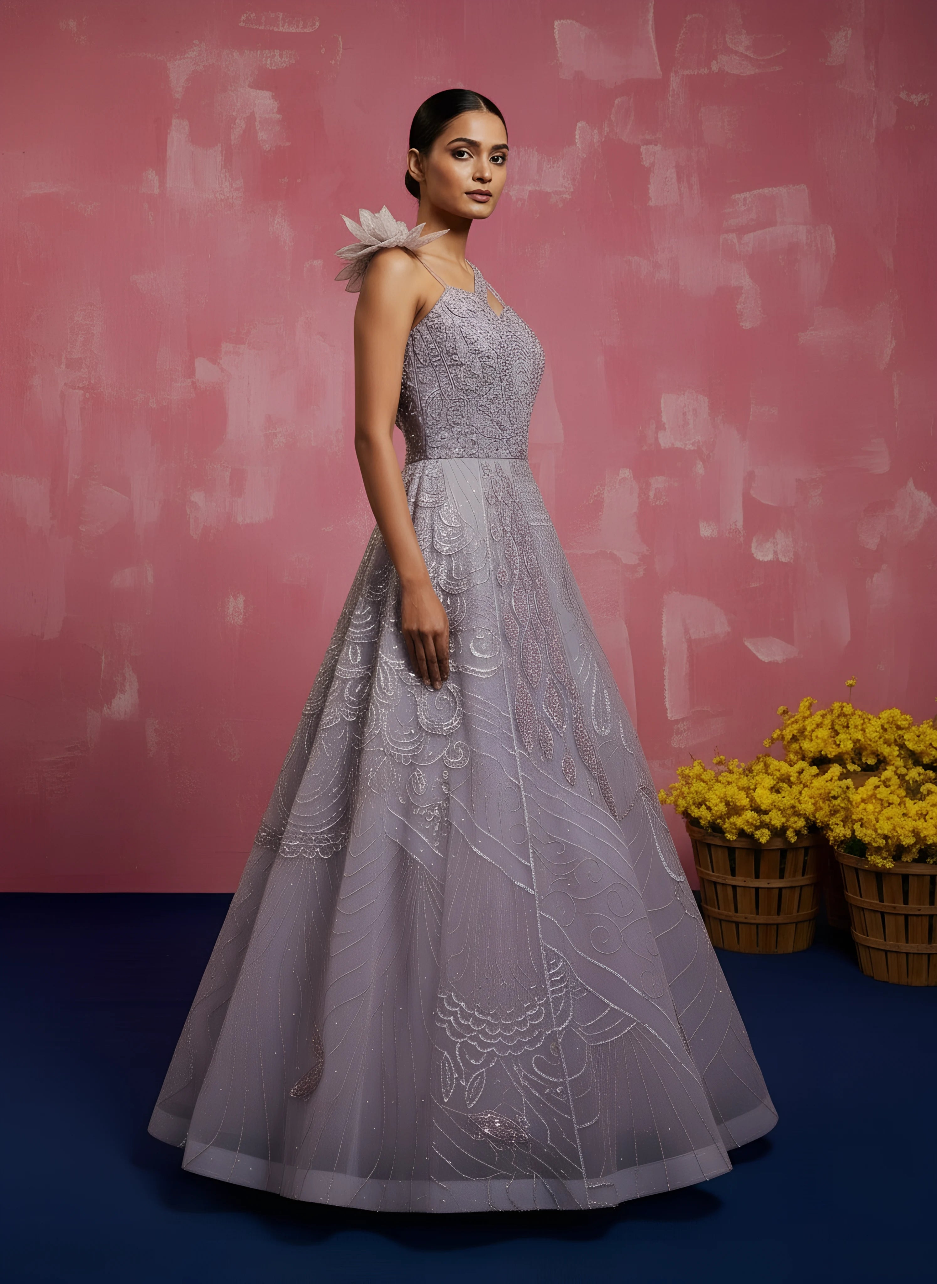 Purple Sequins Embroidered Net Recepetion Gown