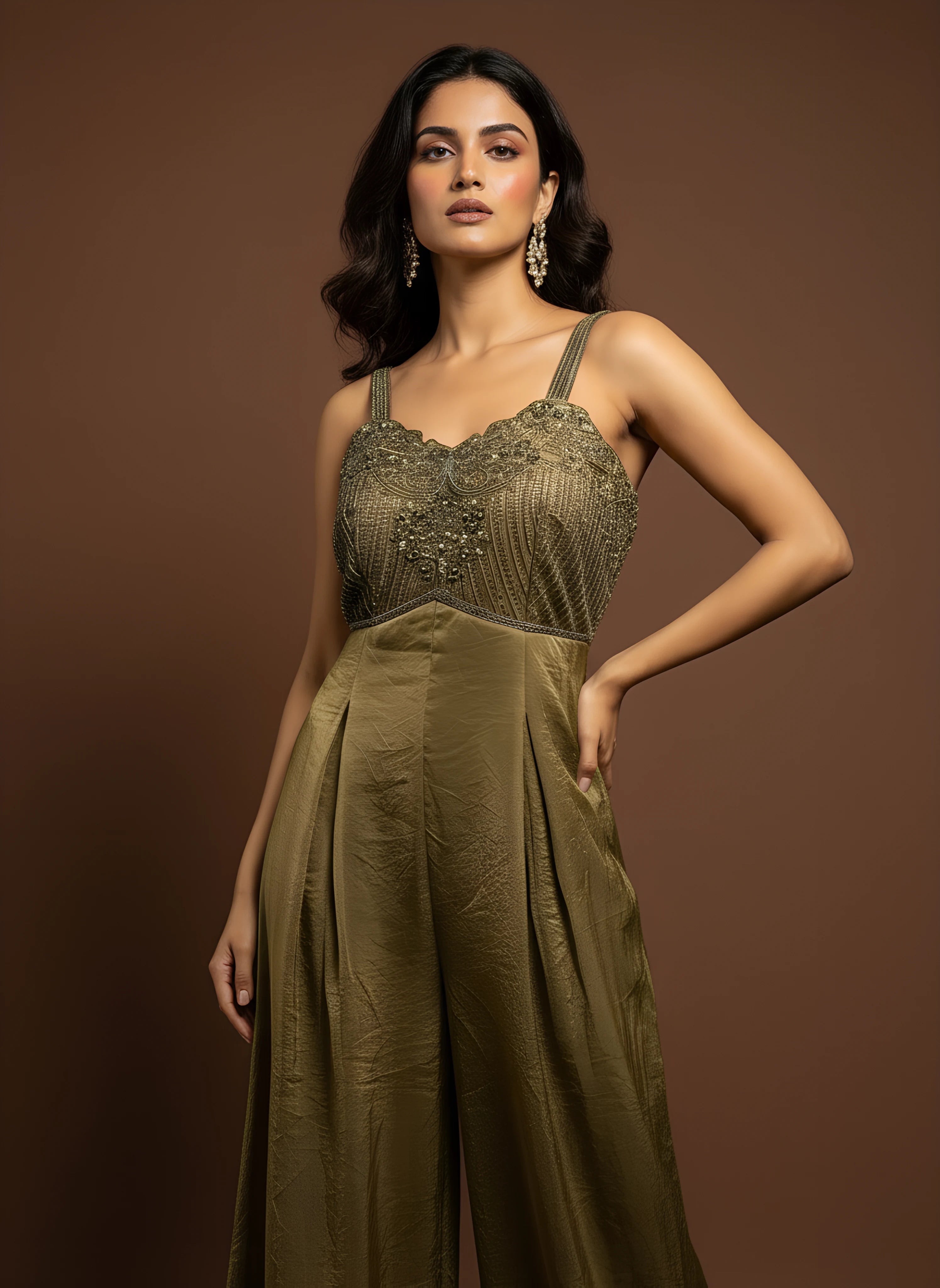 Green Designer Embroidered Jumpsuit