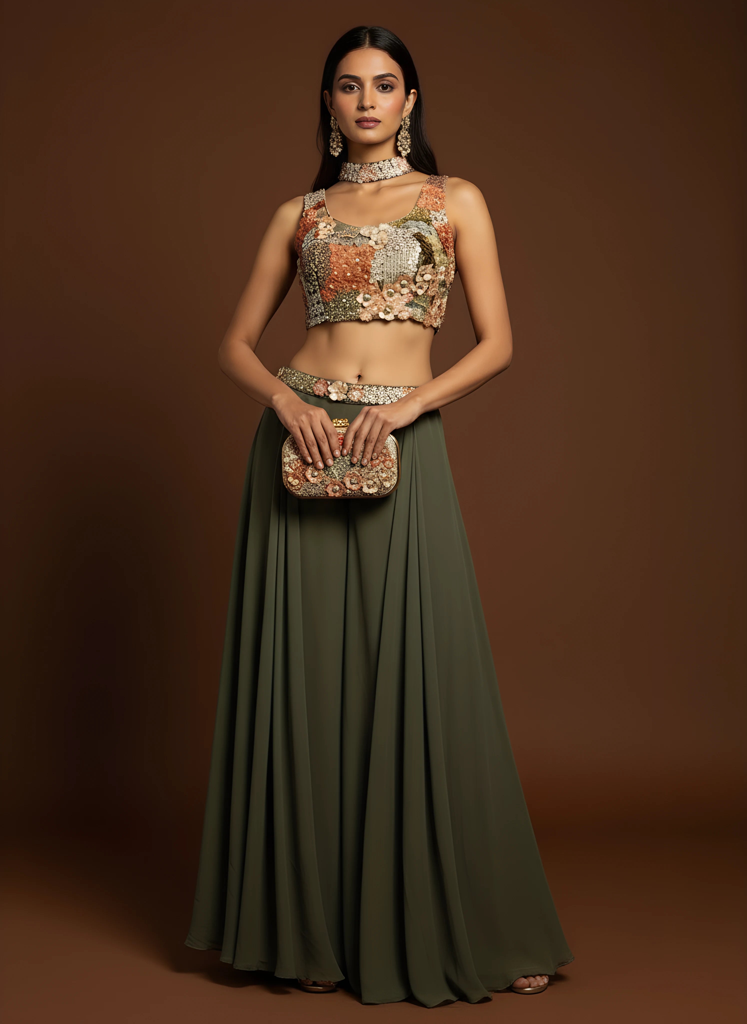 Green Designer Embroidered Top With Sharara