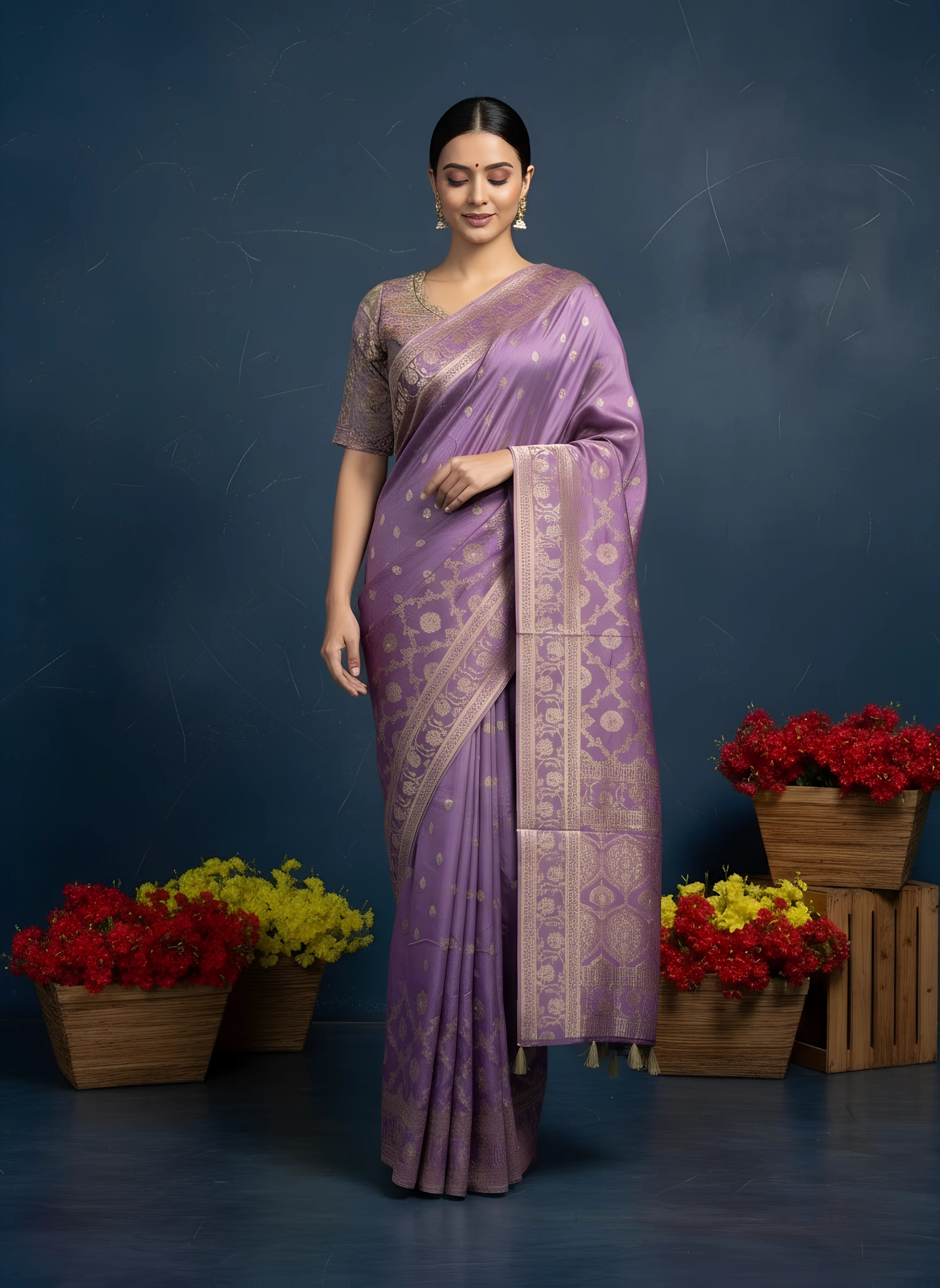 Purple Banarasi Silk Saree With Readymade Blouse