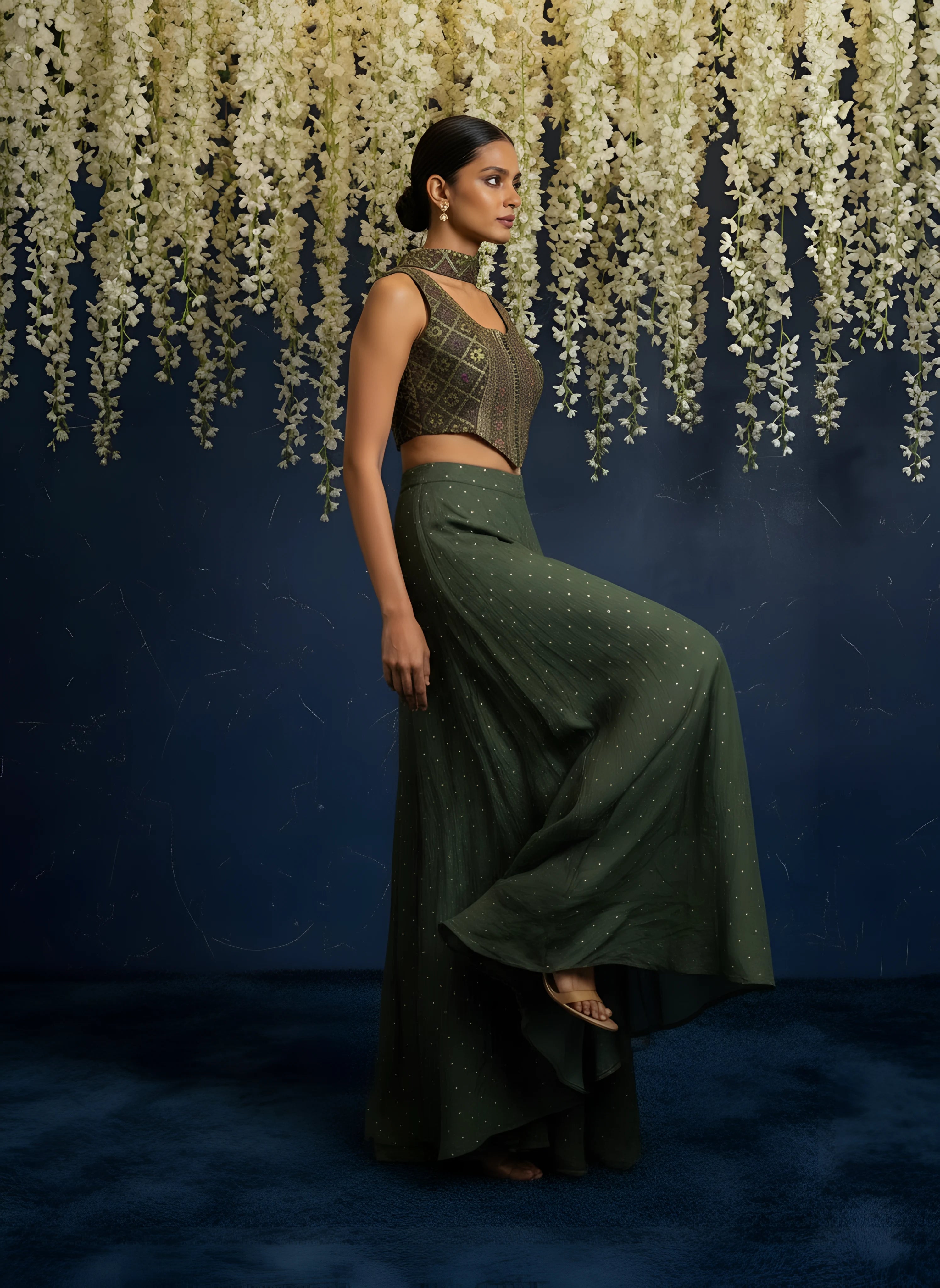 Dark Green Digital Print With Corset Top With Bottom