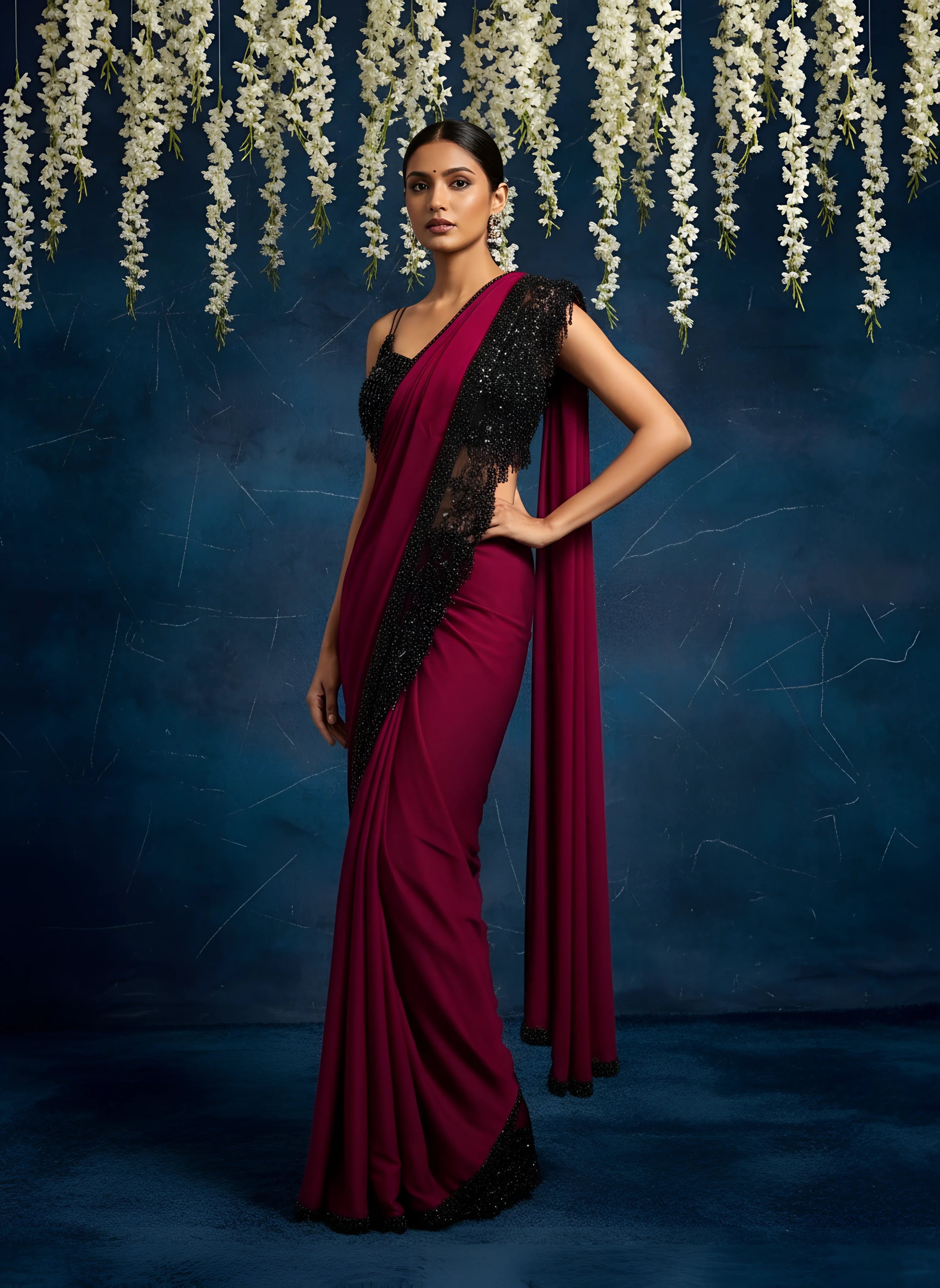 Dark Burgundy Premium Crepe Silk Drape Saree
