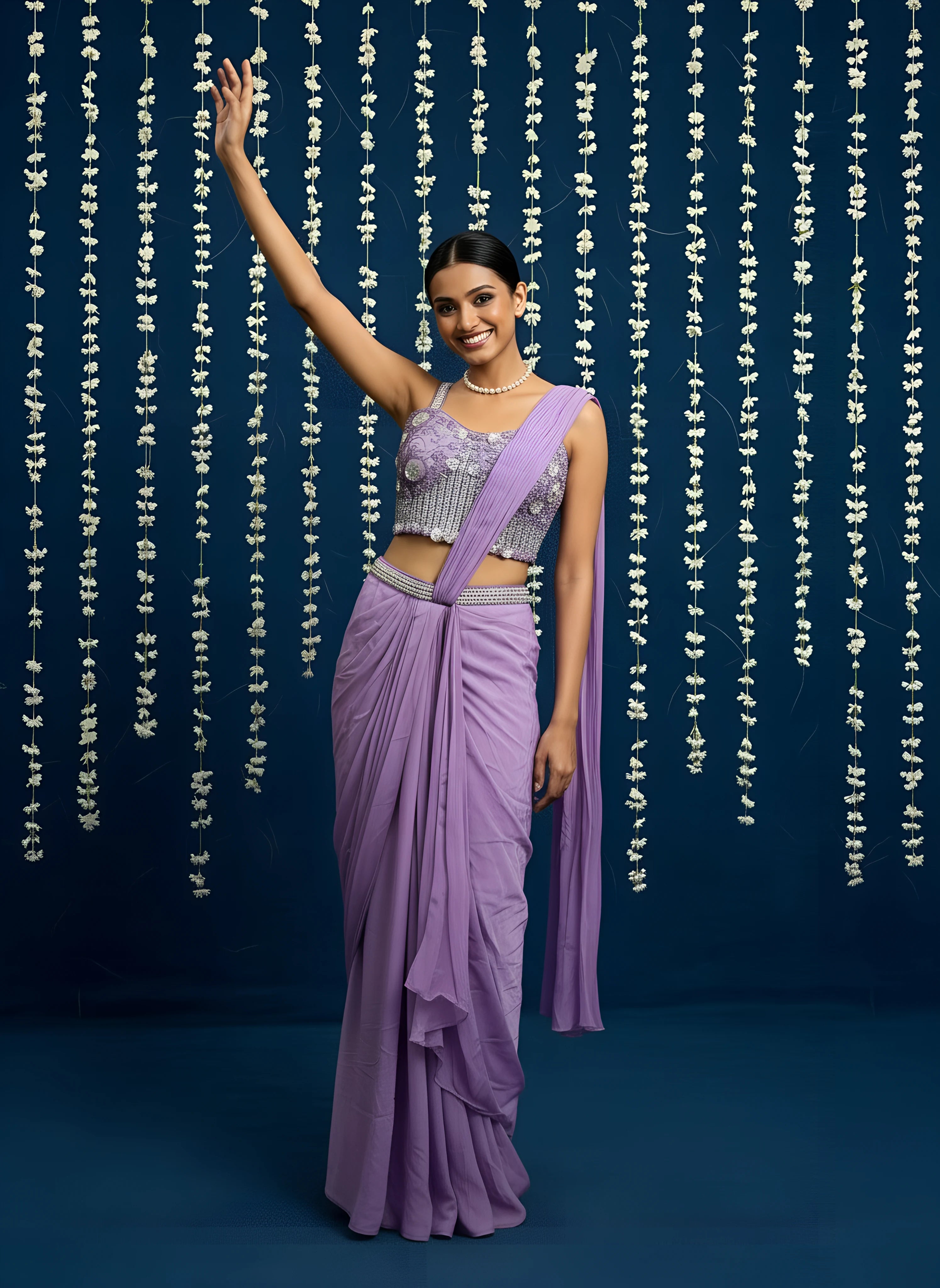 Purple Chinnon Silk Drape Saree With Readymade Blouse