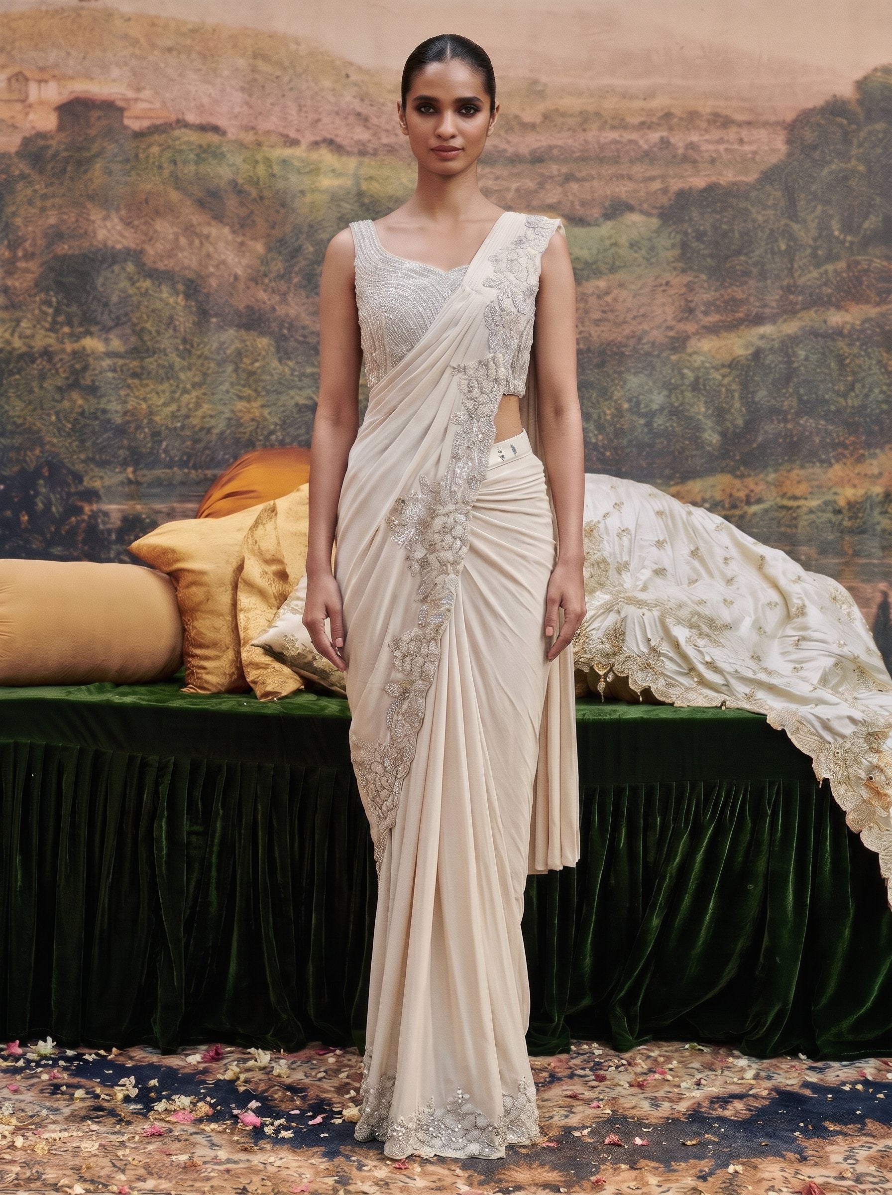 Ivory crepe ready to wear drape saree - front view