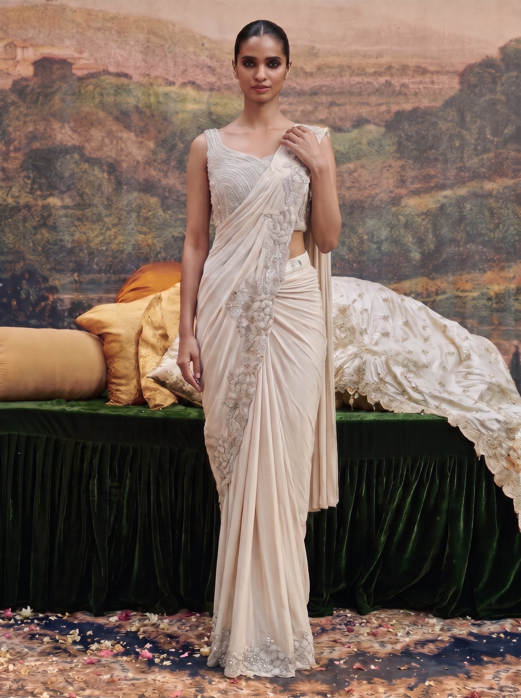 Ivory crepe ready to wear drape saree - holding the pallu