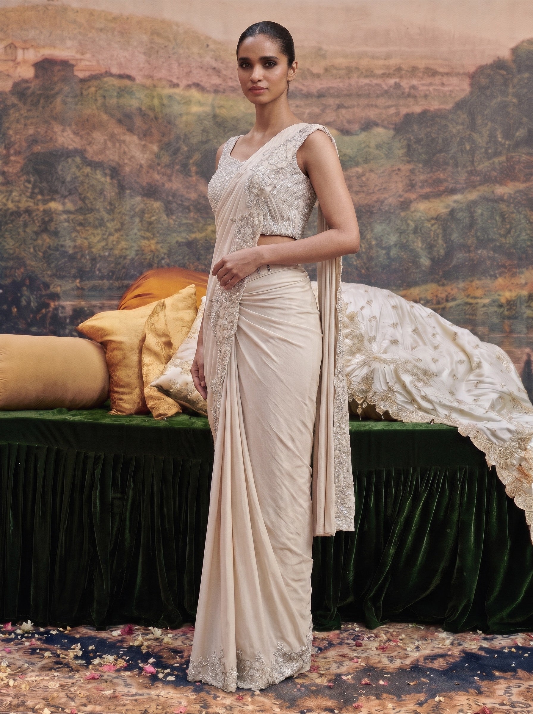 Ivory crepe ready to wear drape saree - three-quarter view