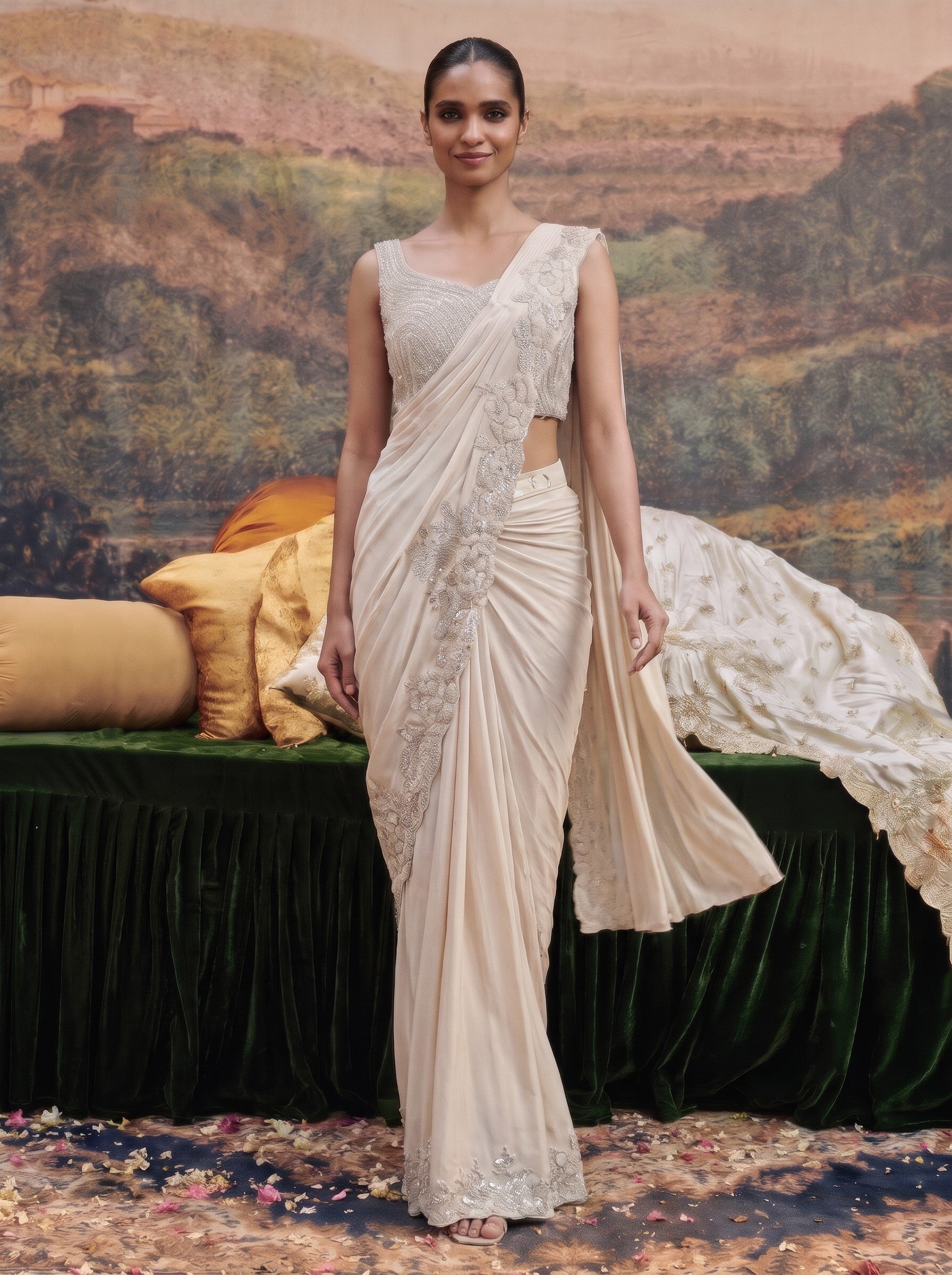 Ivory crepe ready to wear drape saree - walking full look