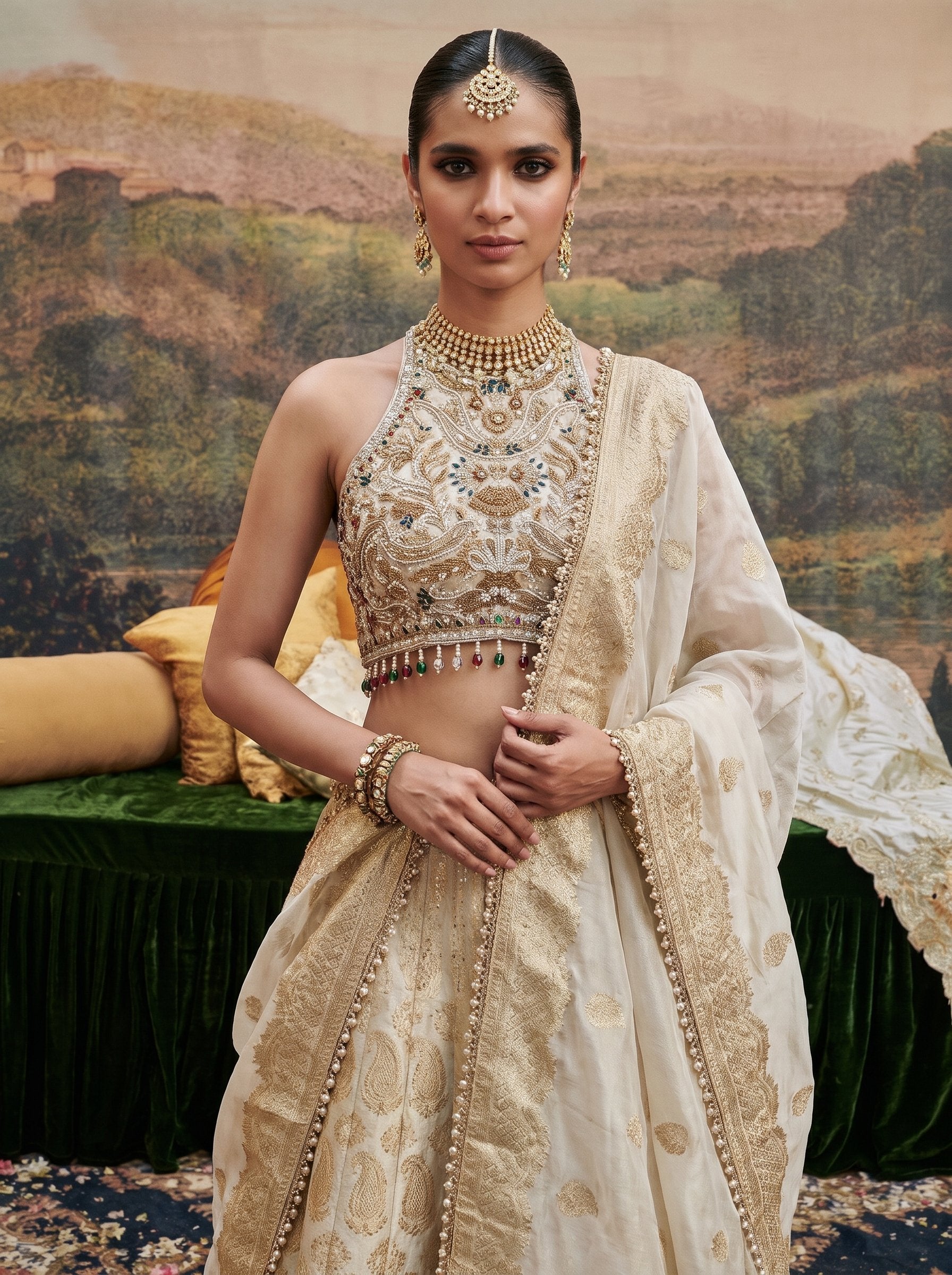 Ivory gold brocade silk lehenga set with halter blouse - close-up of embroidered blouse