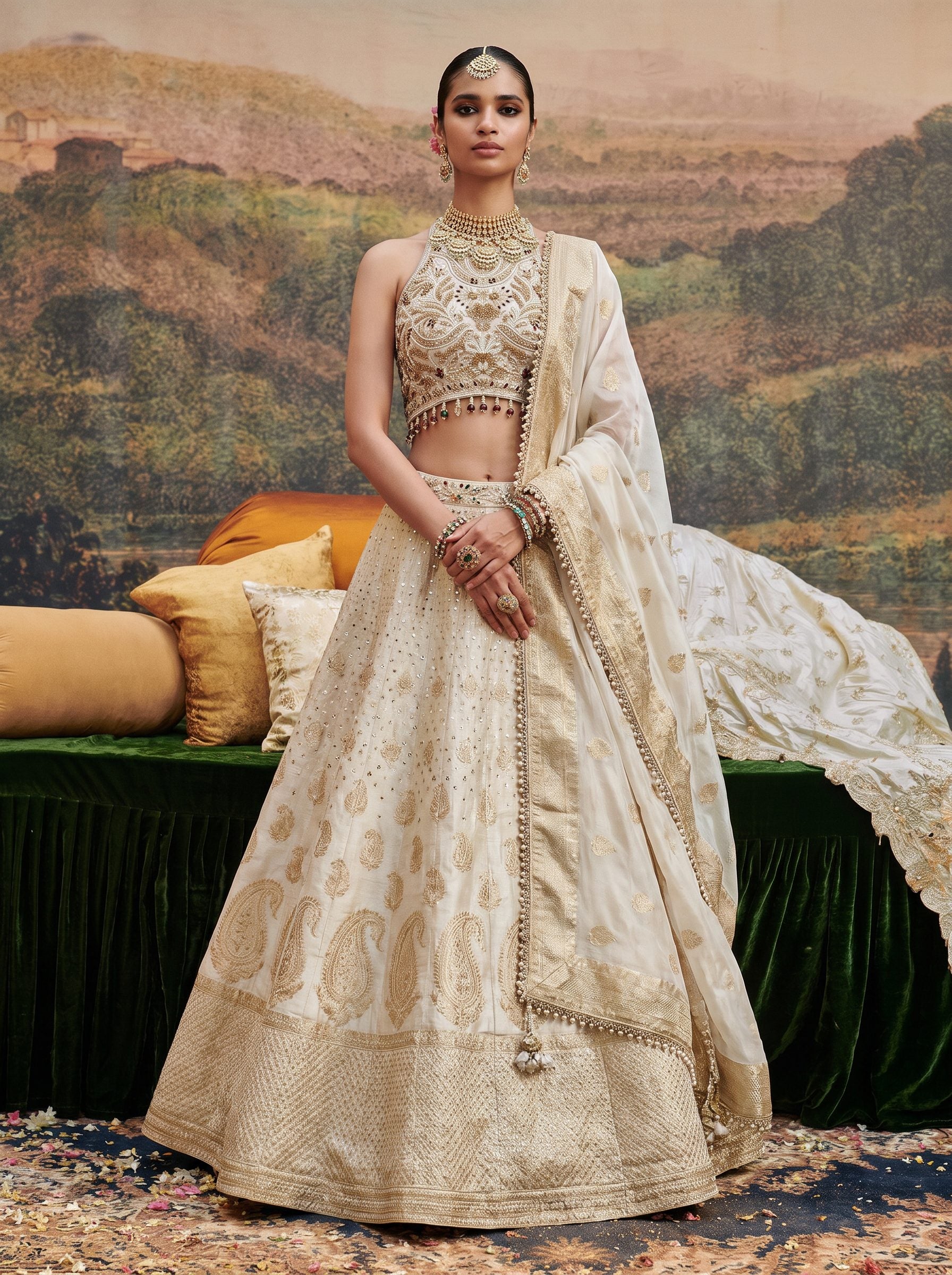 Ivory gold brocade silk lehenga set with halter blouse - front view