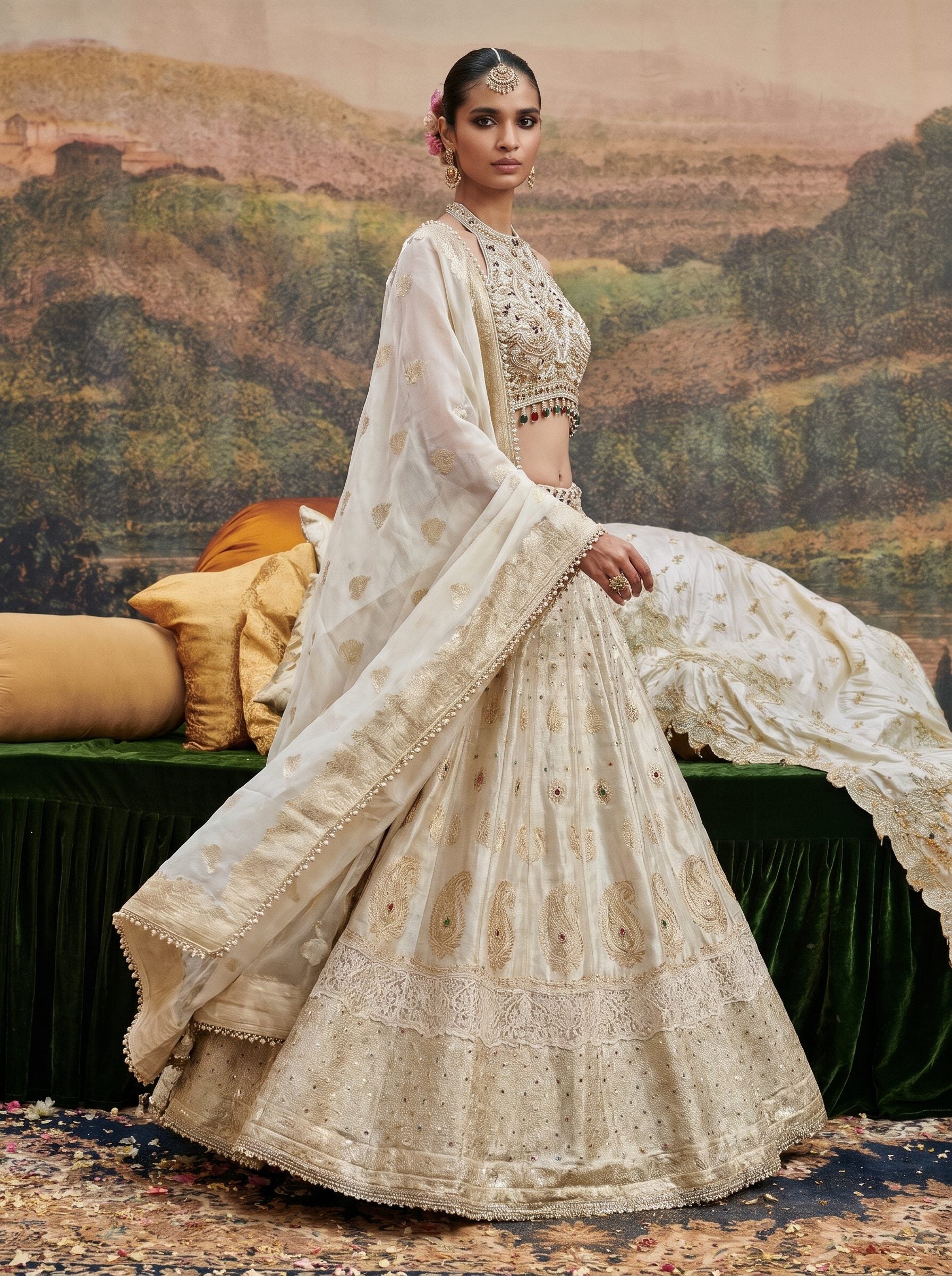 Ivory gold brocade silk lehenga set with halter blouse - three-quarter view with dupatta