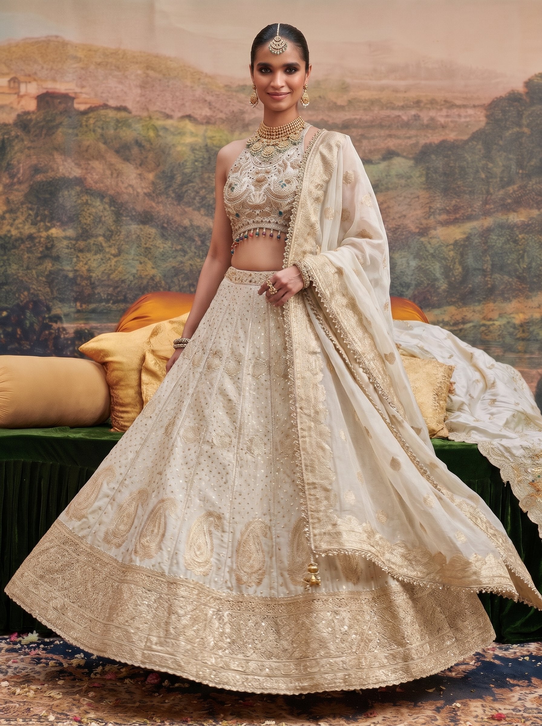 Ivory gold brocade silk lehenga set with halter blouse - twirl showing skirt flare