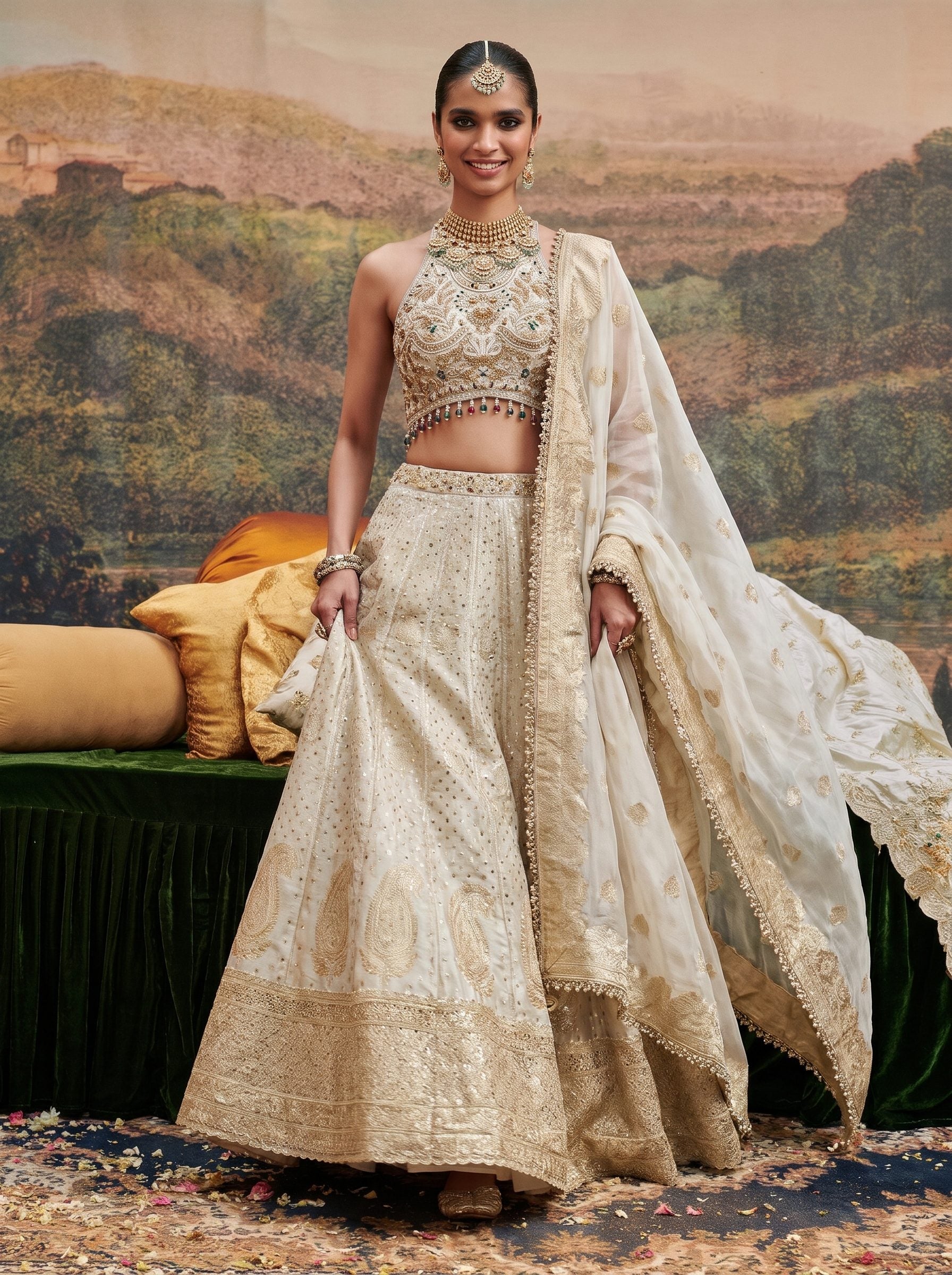 Ivory gold brocade silk lehenga set with halter blouse - walking full look