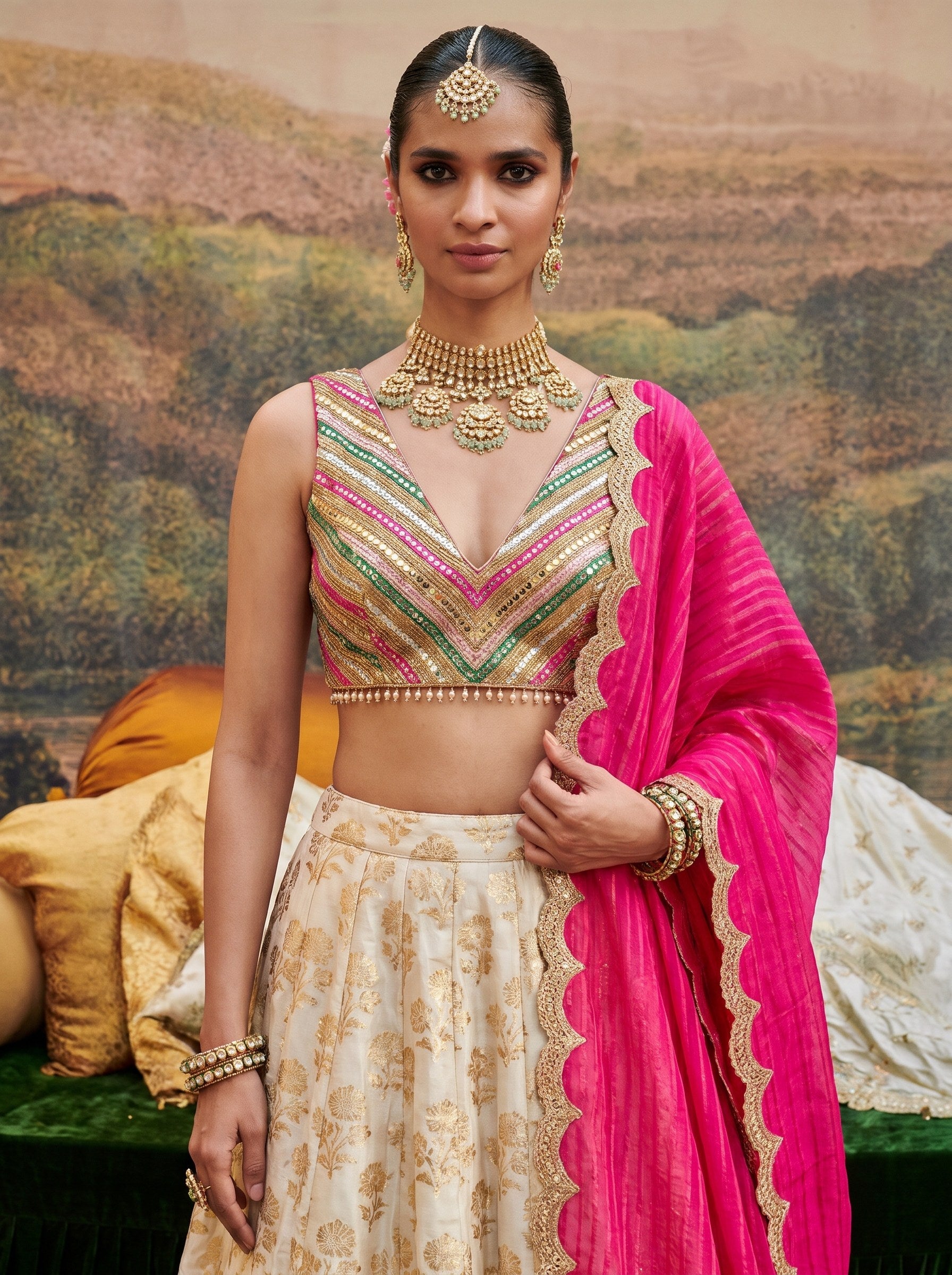 Ivory gold print silk lehenga set with fuchsia dupatta - close-up of embroidered blouse
