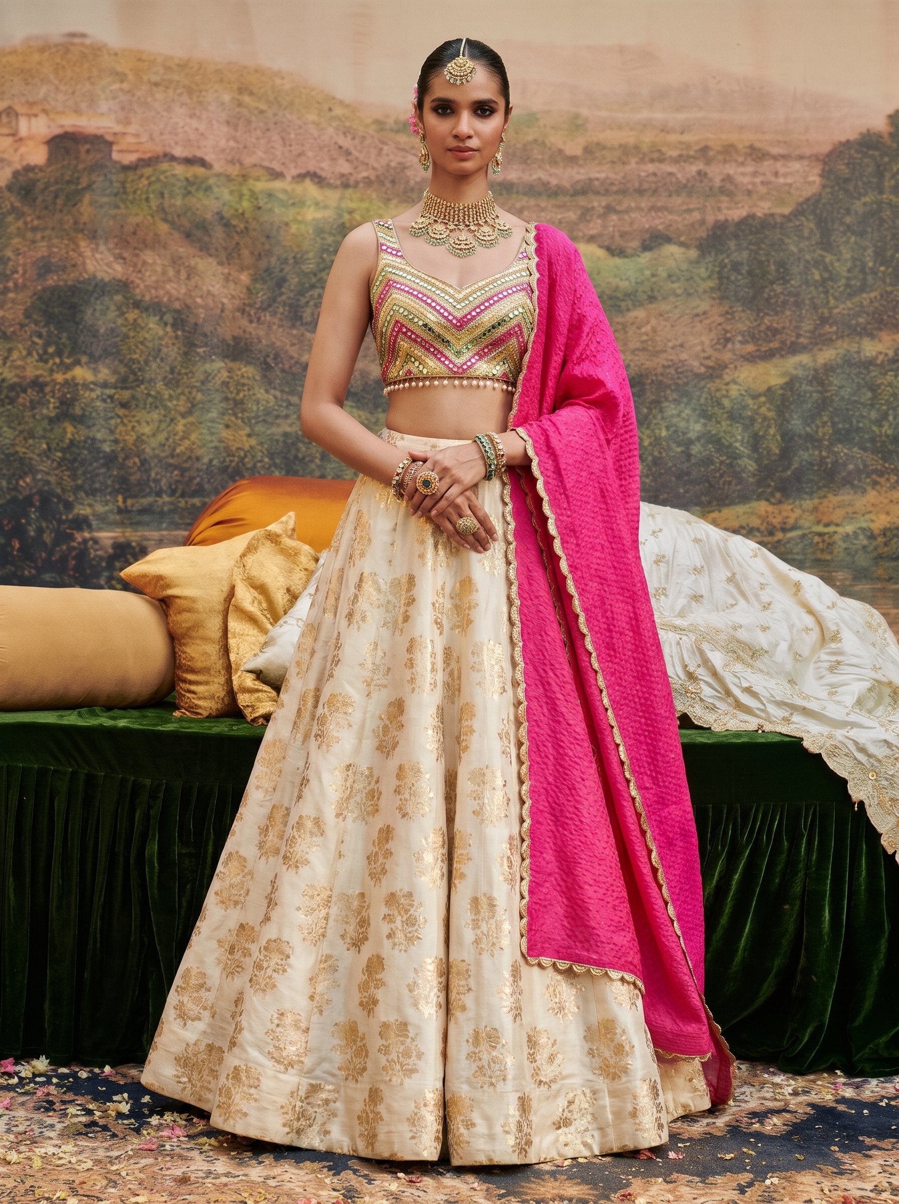 Ivory gold print silk lehenga set with fuchsia dupatta - front view