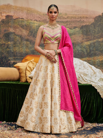 Ivory Gold Print Silk Lehenga Set with Fuchsia Dupatta