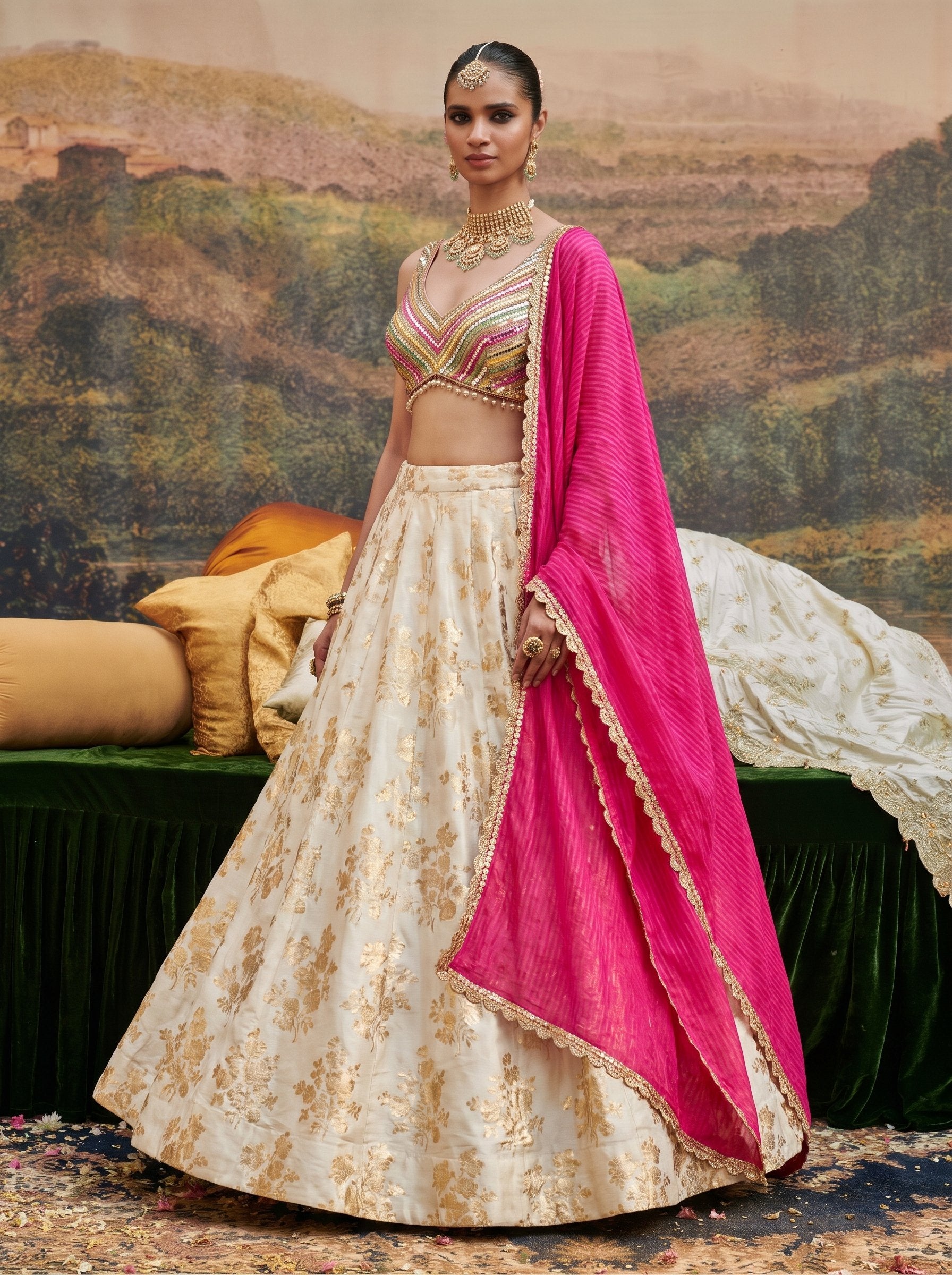 Ivory gold print silk lehenga set with fuchsia dupatta - three-quarter view with dupatta