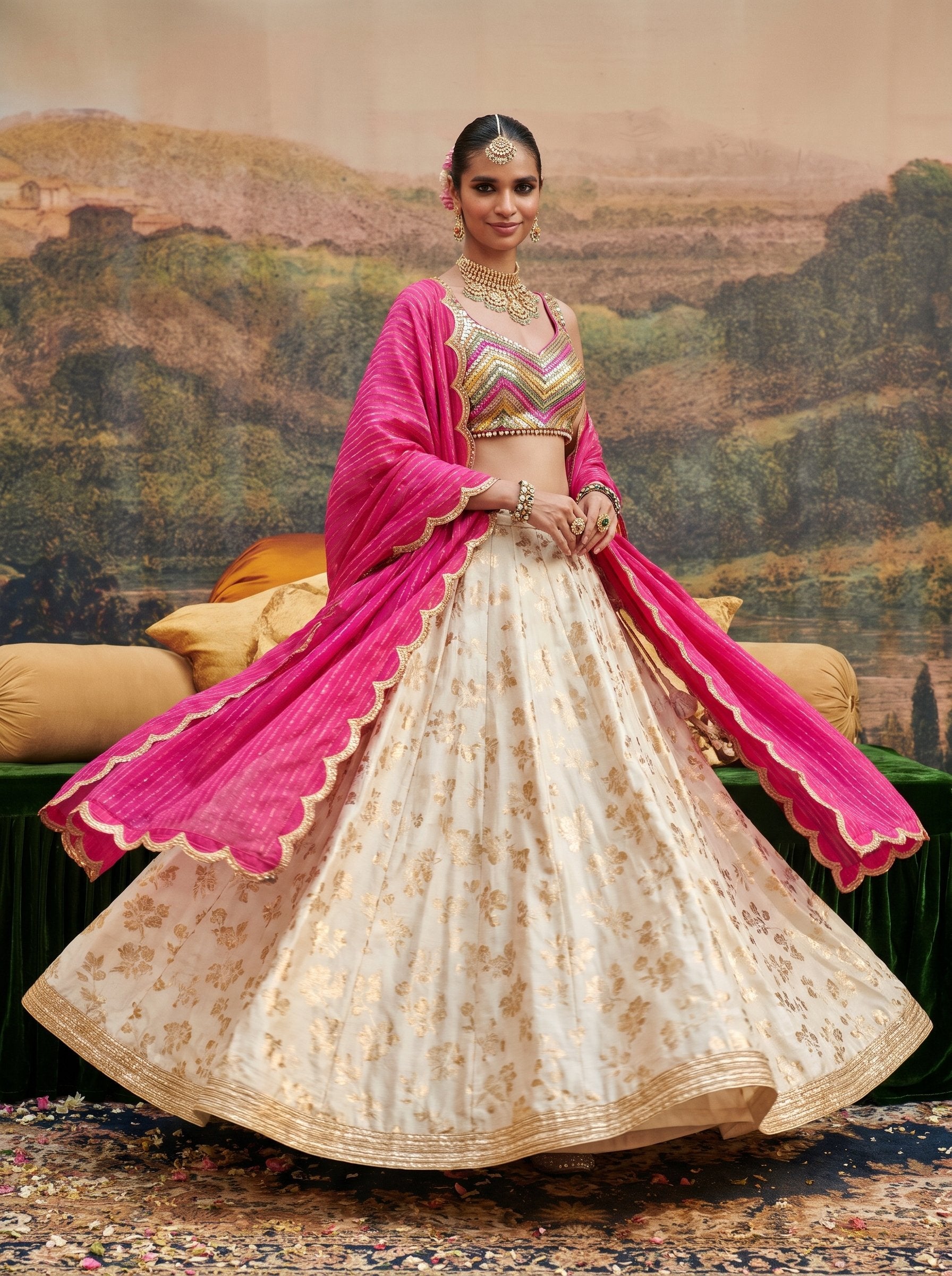 Ivory gold print silk lehenga set with fuchsia dupatta - twirl showing skirt flare