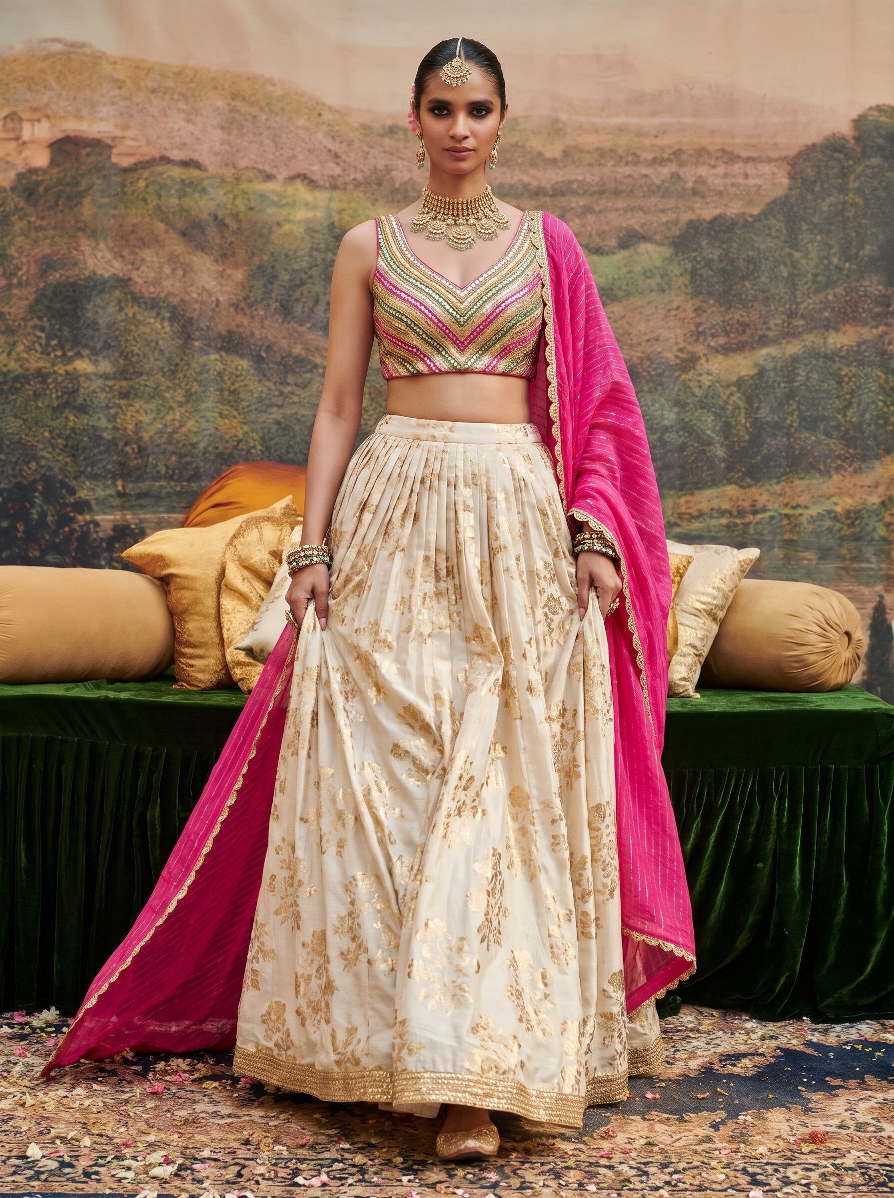 Ivory gold print silk lehenga set with fuchsia dupatta - walking full look