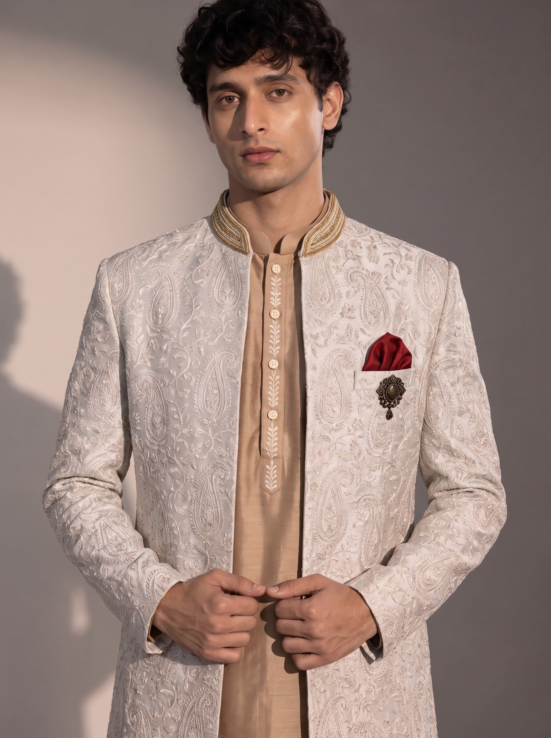 Ivory paisley embroidered silk indowestern for men - close-up of collar and embroidery