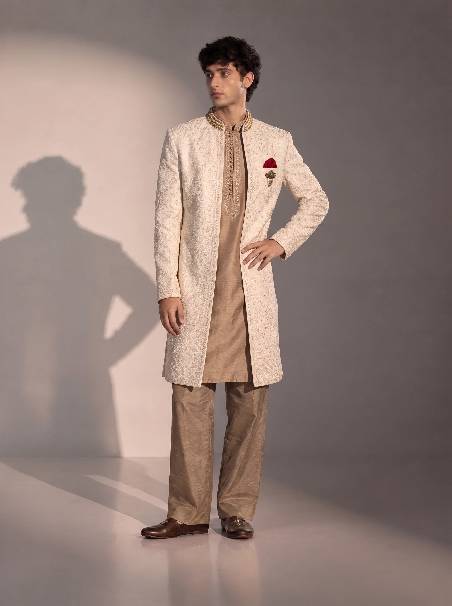 Ivory paisley embroidered silk indowestern for men - front view