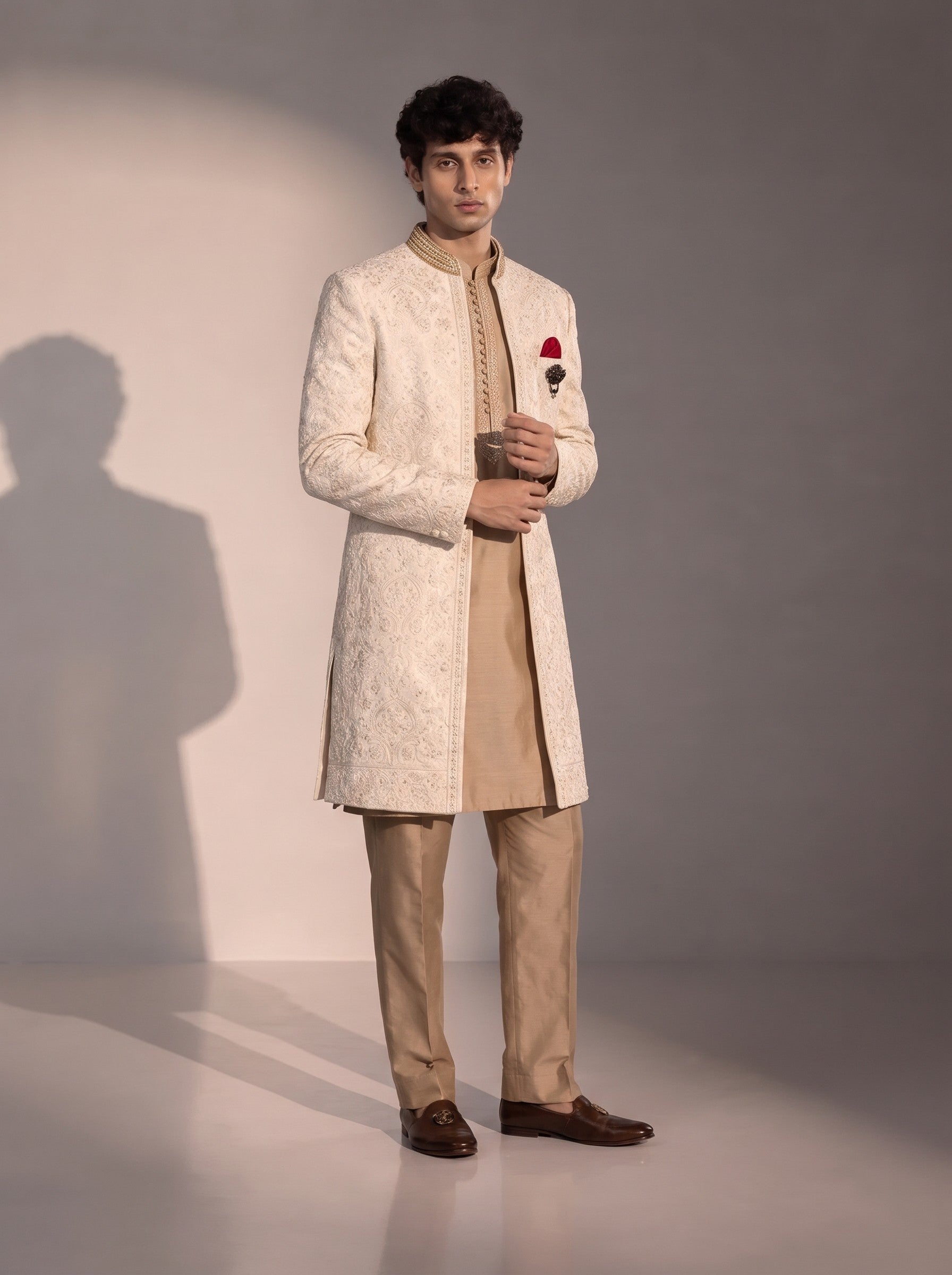 Ivory paisley embroidered silk indowestern for men - three-quarter view