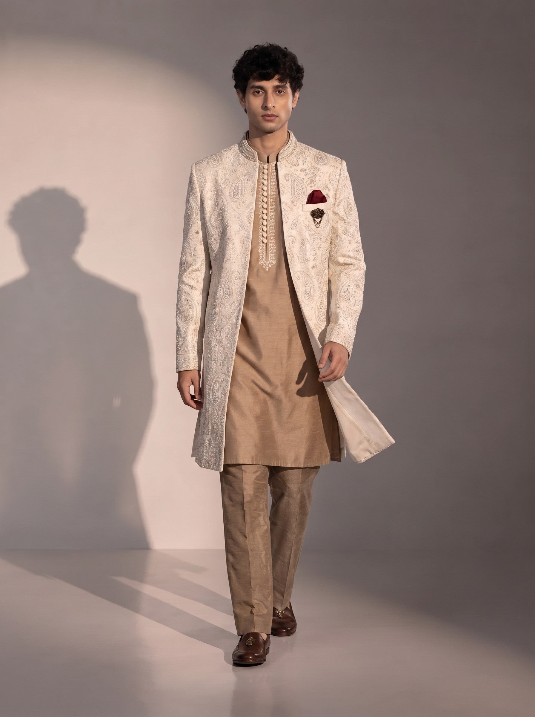 Ivory paisley embroidered silk indowestern for men - full look