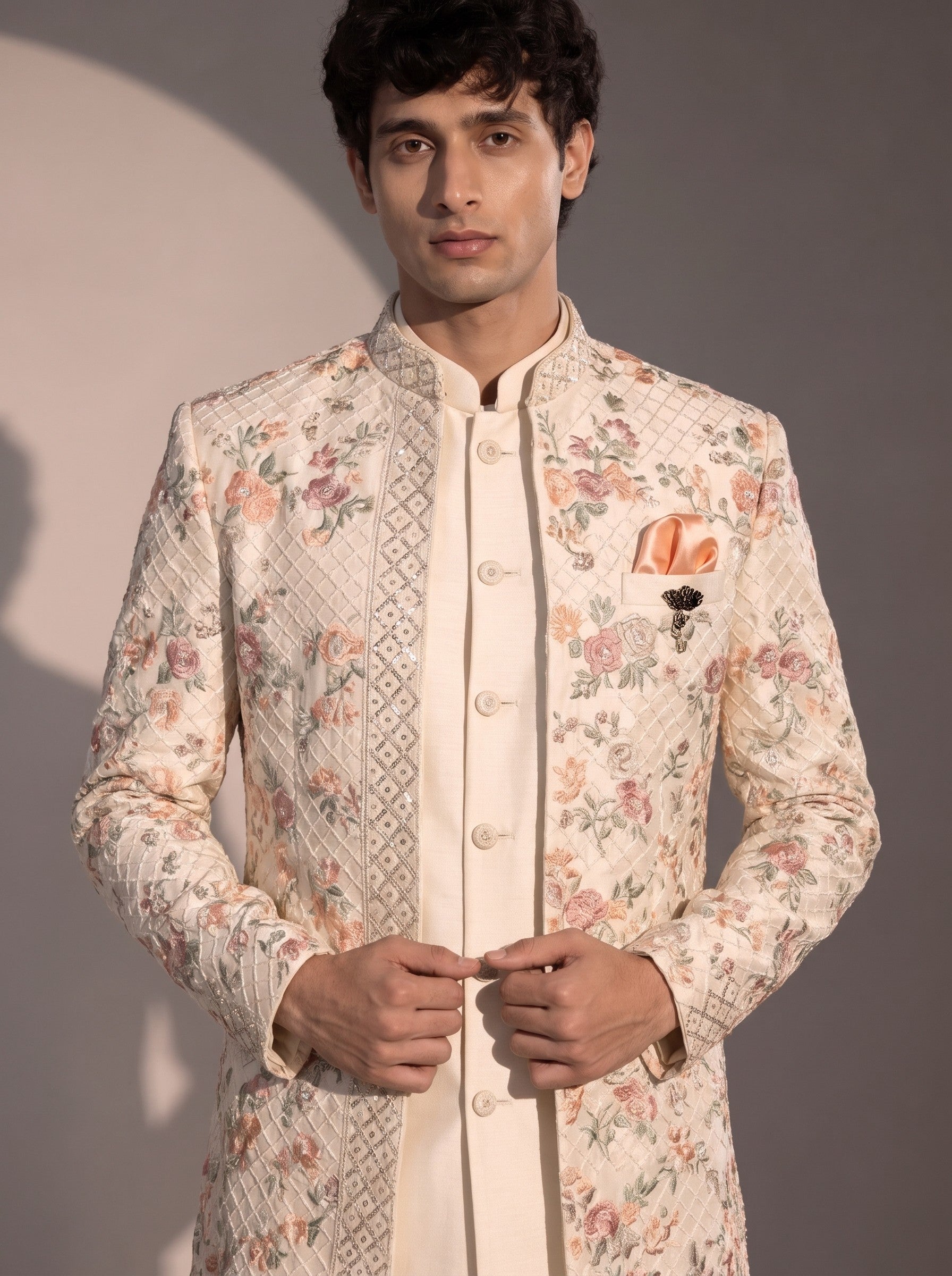 Ivory peach floral jodhpuri indowestern suit for men - close-up of collar and embroidery