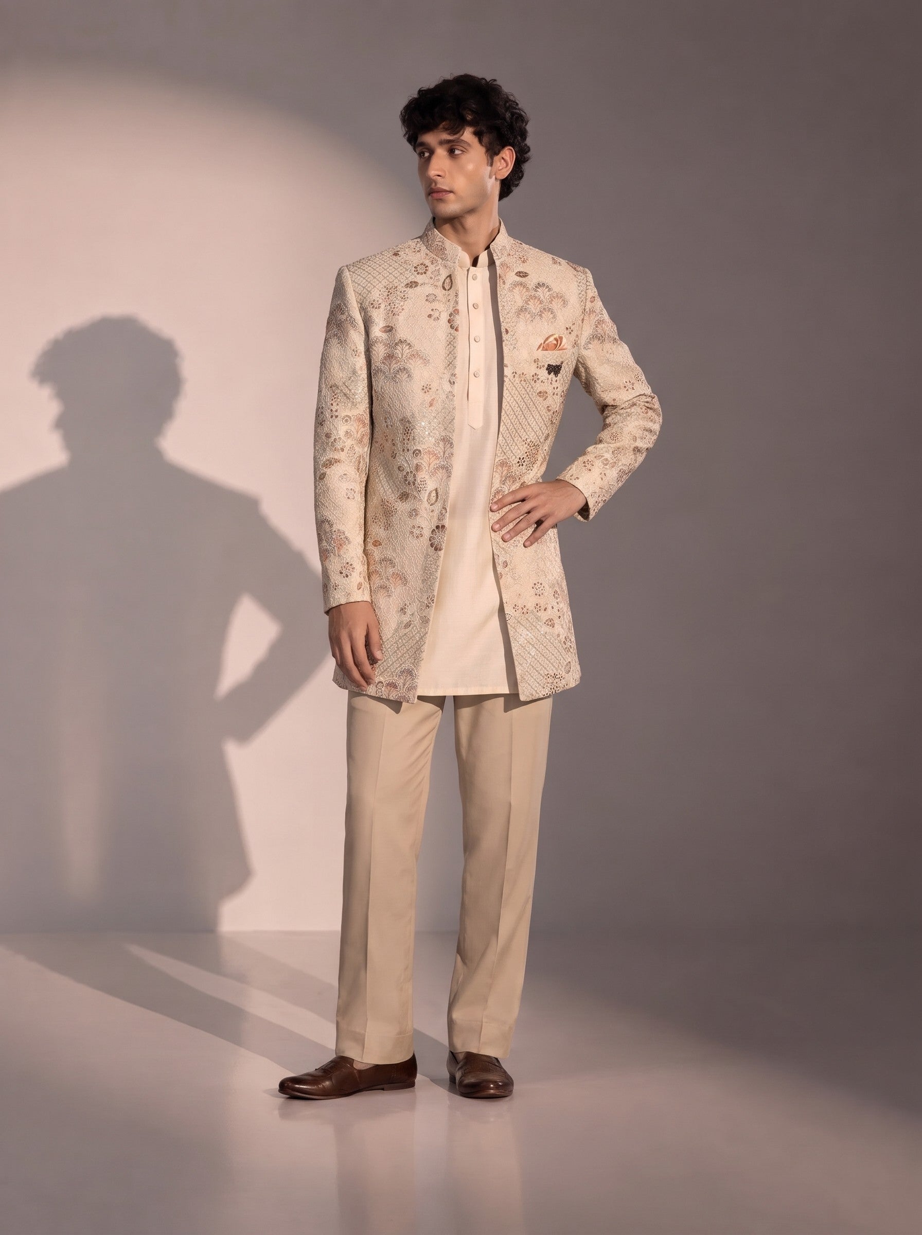 Ivory peach floral jodhpuri indowestern suit for men - front view