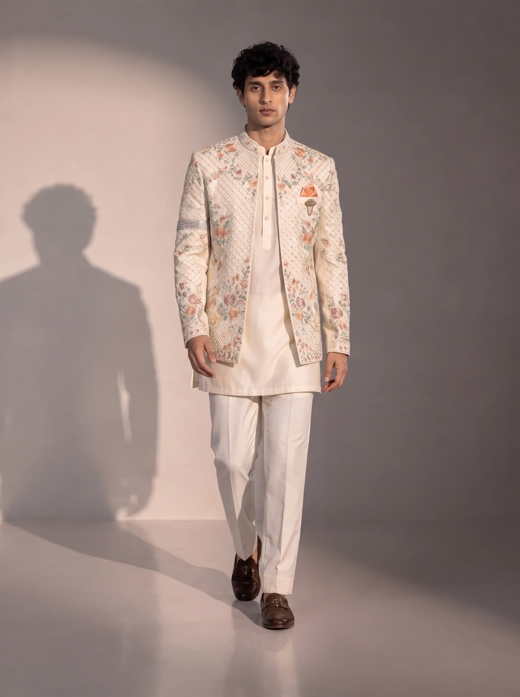 Ivory peach floral jodhpuri indowestern suit for men - full look