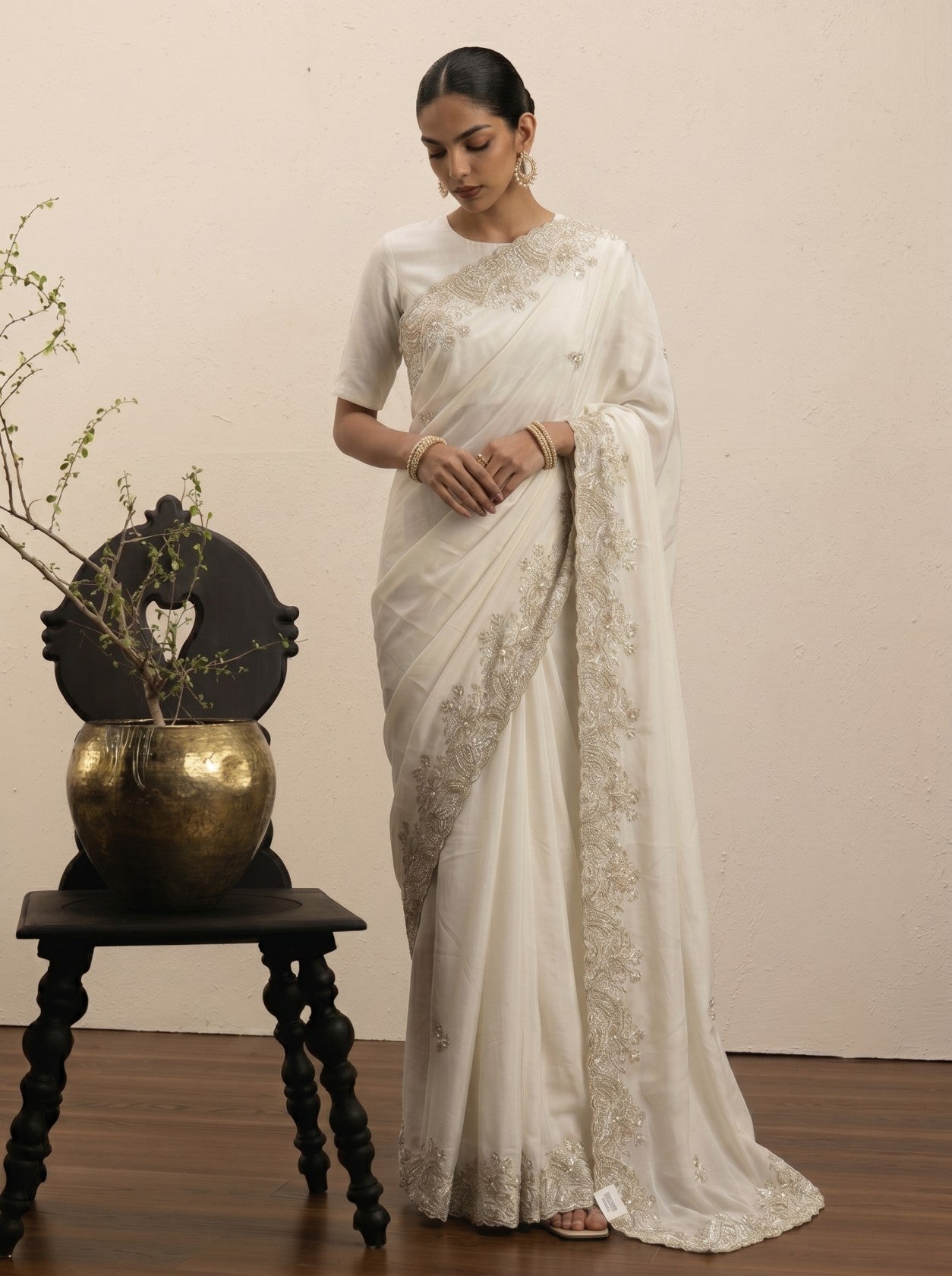 Ivory Embroidered Border Saree