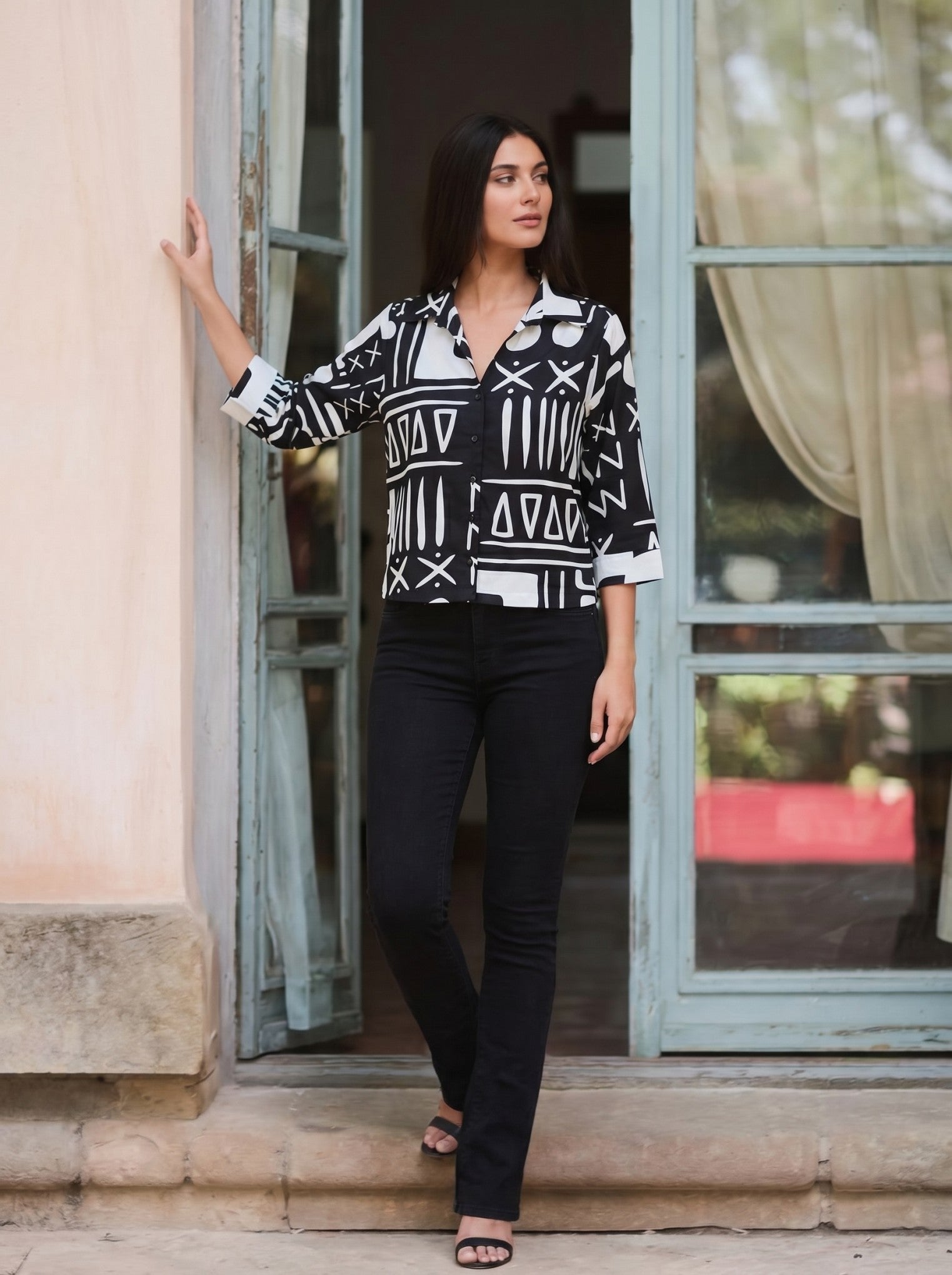Black Printed Crepe Collar Shirt