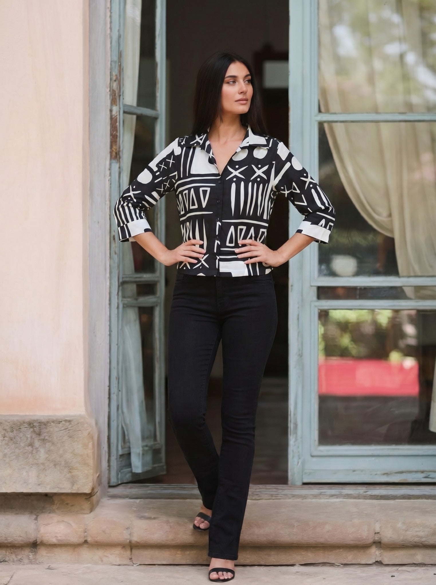 Black Printed Crepe Collar Shirt
