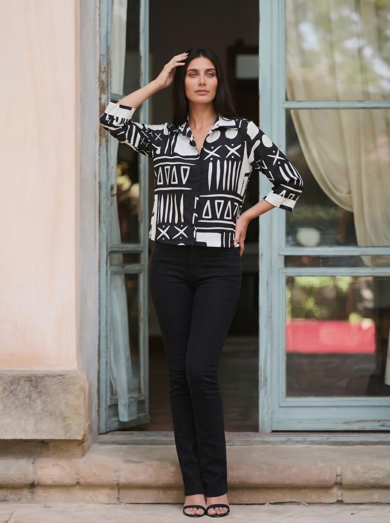 Black Printed Crepe Collar Shirt