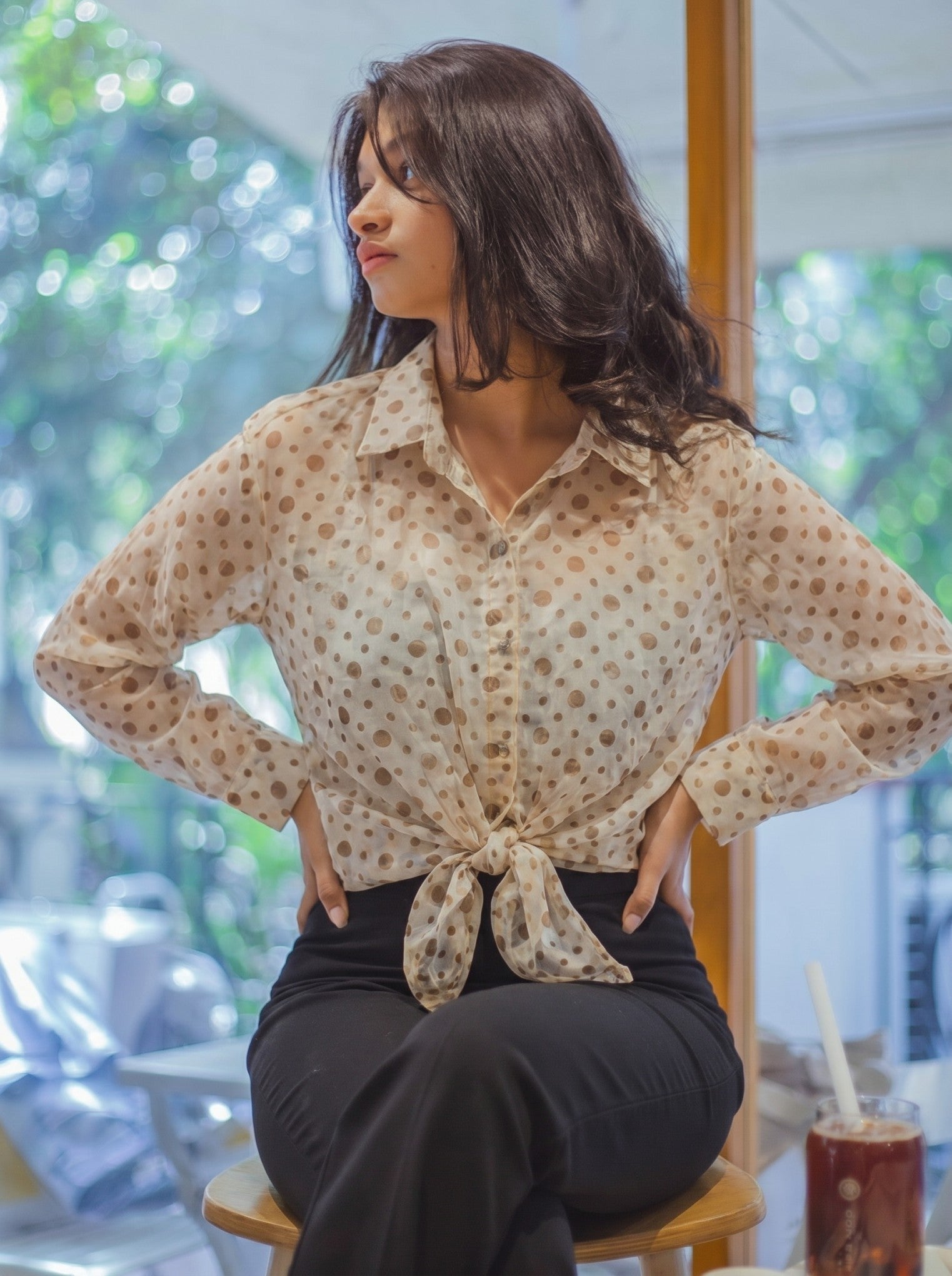White Polka Dot Chiffon Collar Top