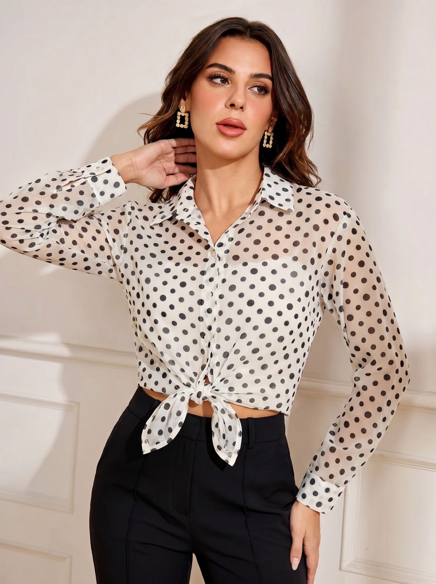 White Polka Dot Chiffon Collar Top