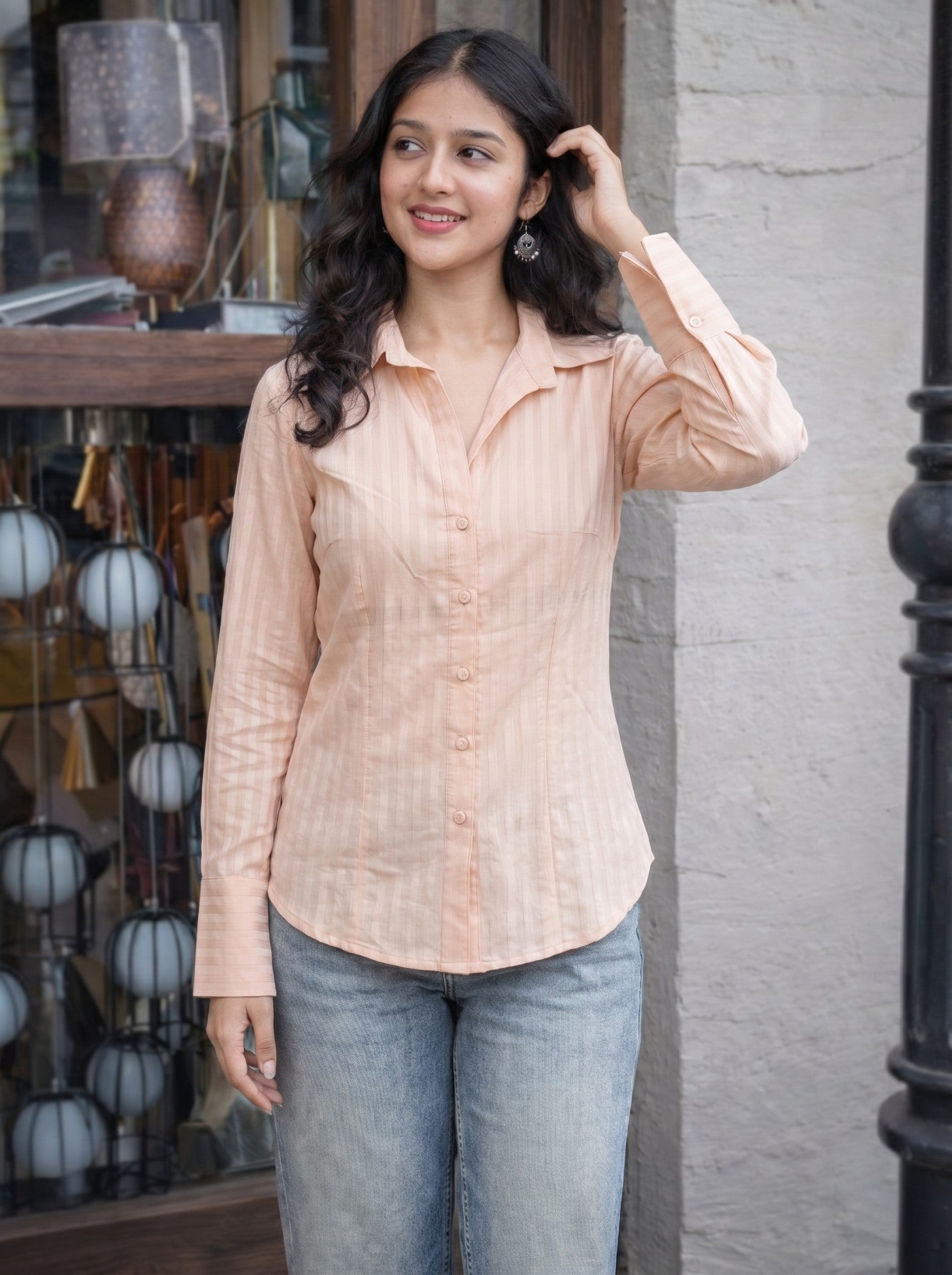 Beige Cotton Collar Top Shirt