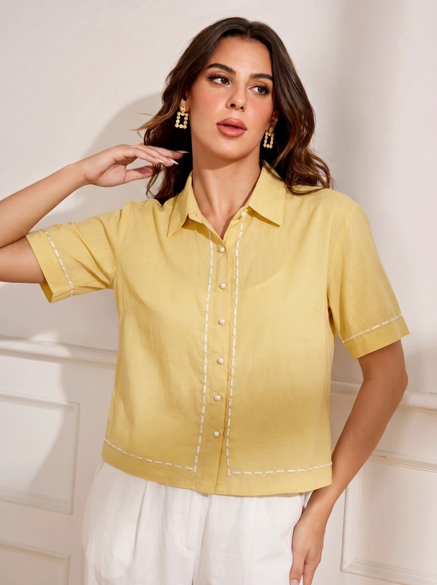 Light Beige Cotton Collar Shirt Top