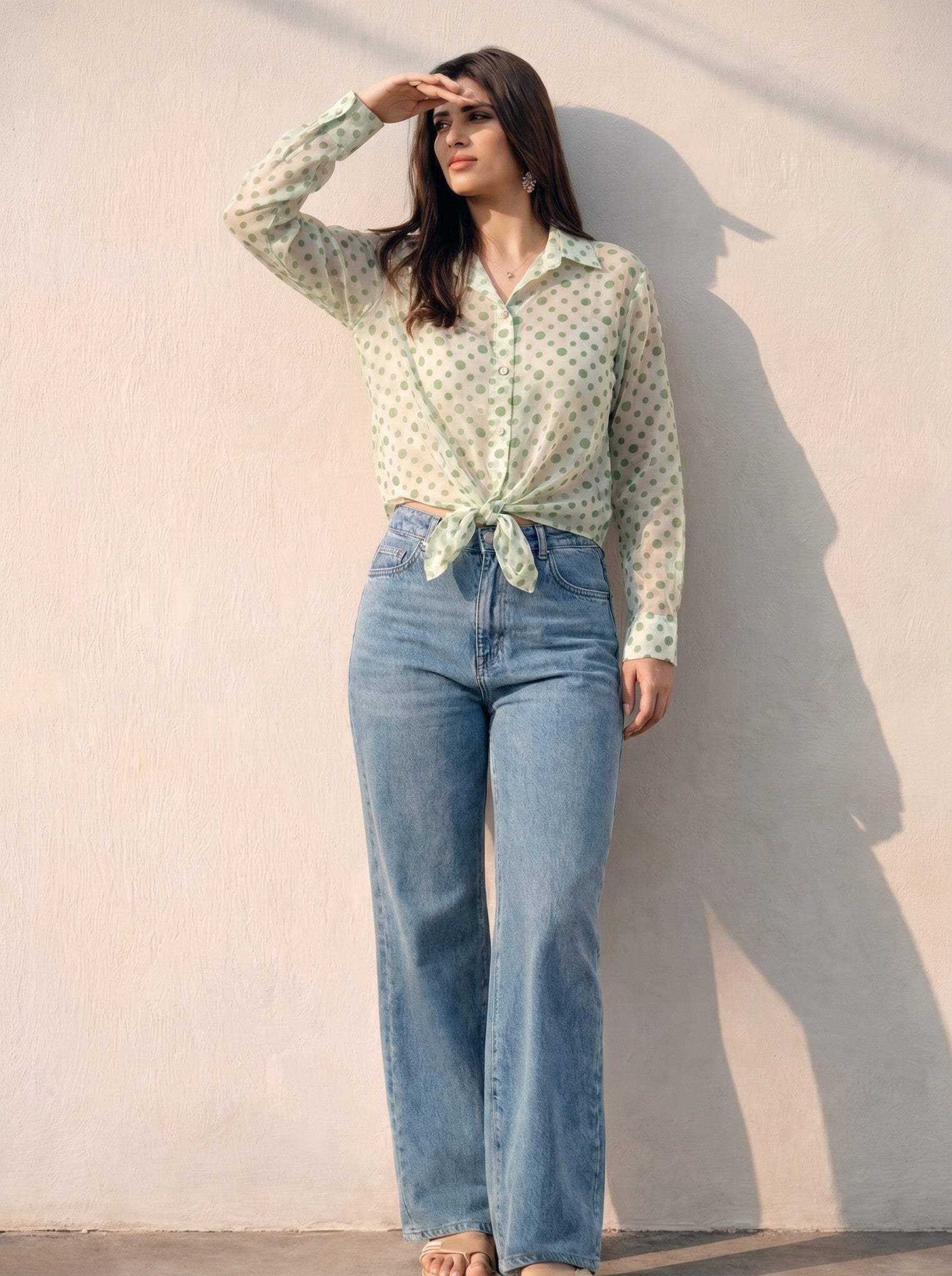 Green Polka Dot Chiffon Collar Top