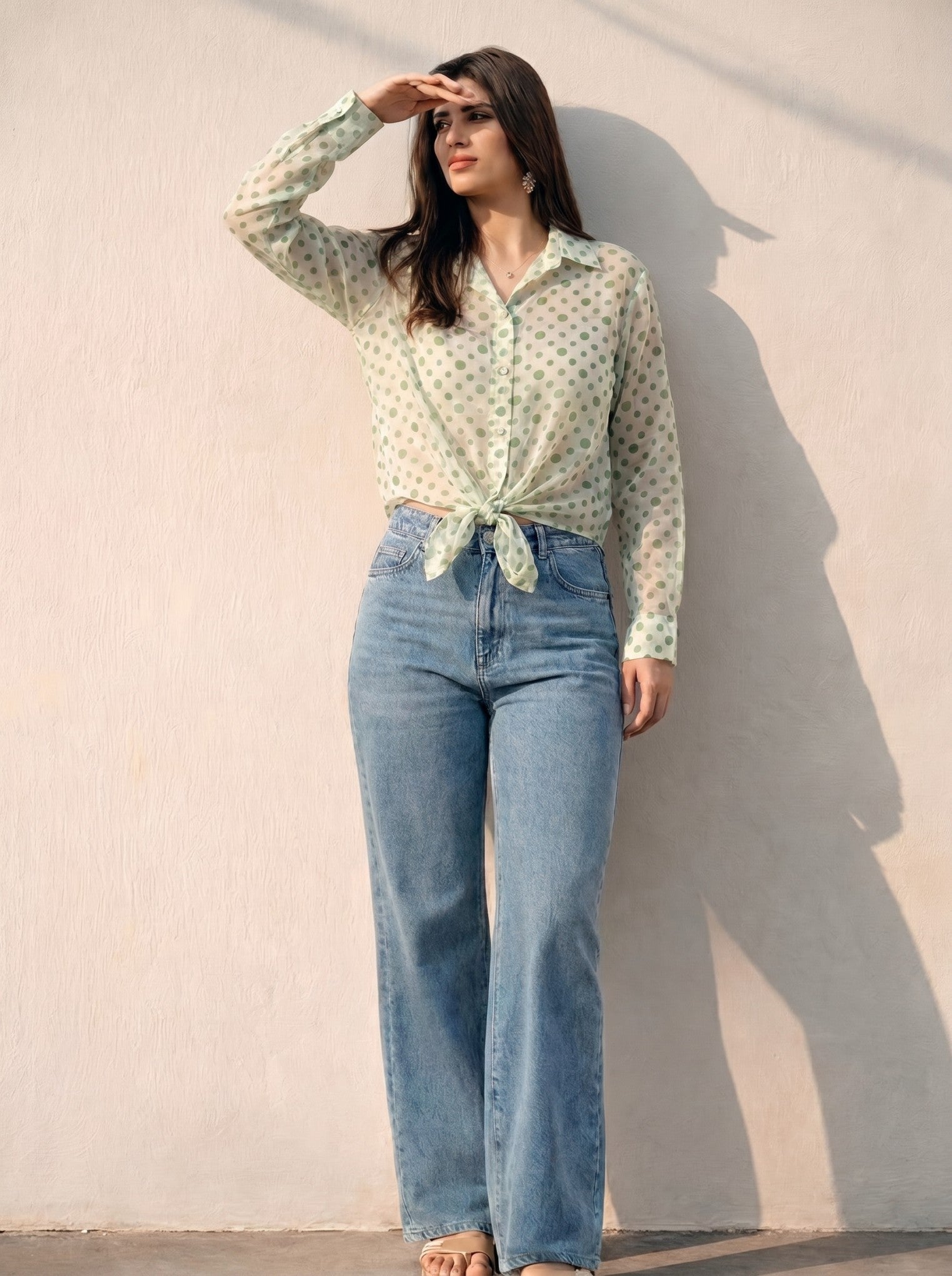 Green Polka Dot Chiffon Collar Top