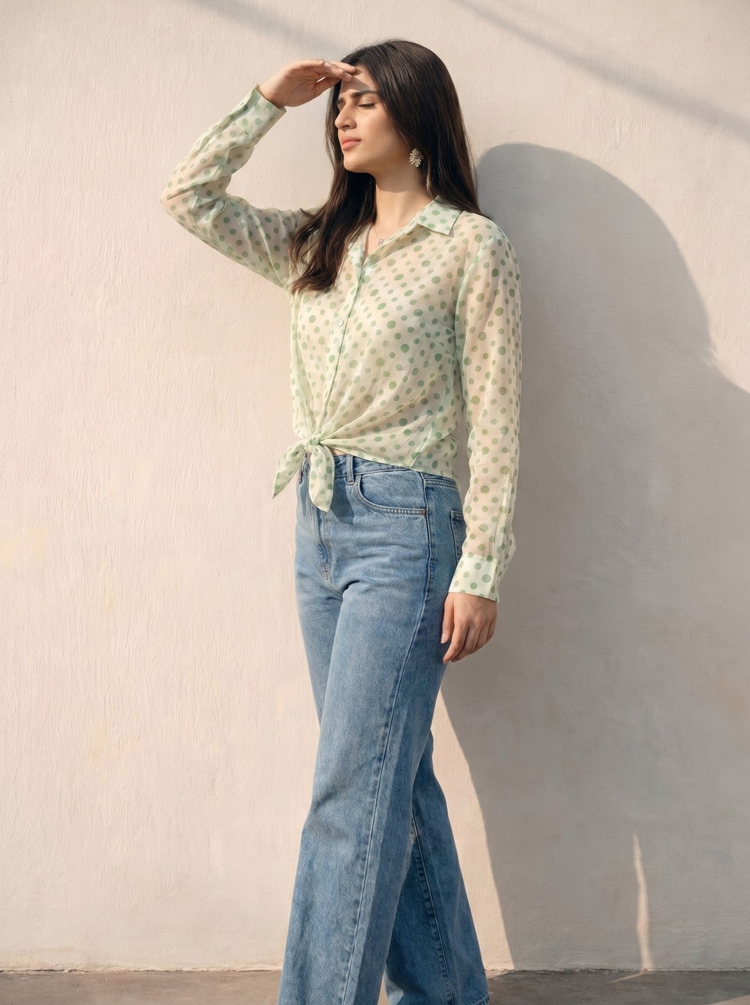 Green Polka Dot Chiffon Collar Top