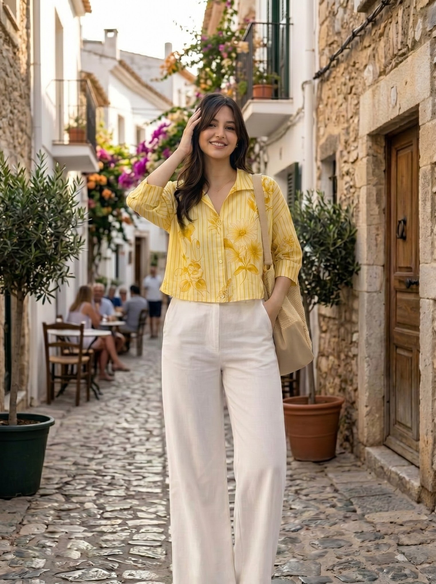 Yellow Printed Collared Cotton Top