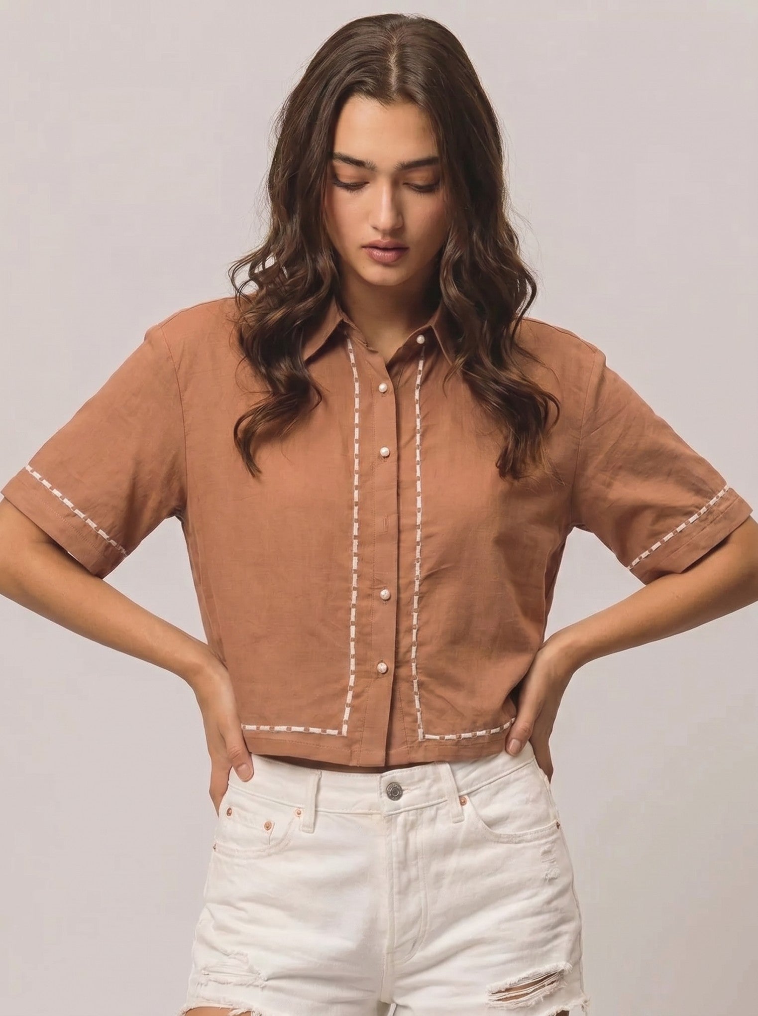 Dark Brown Cotton Collar Shirt Top