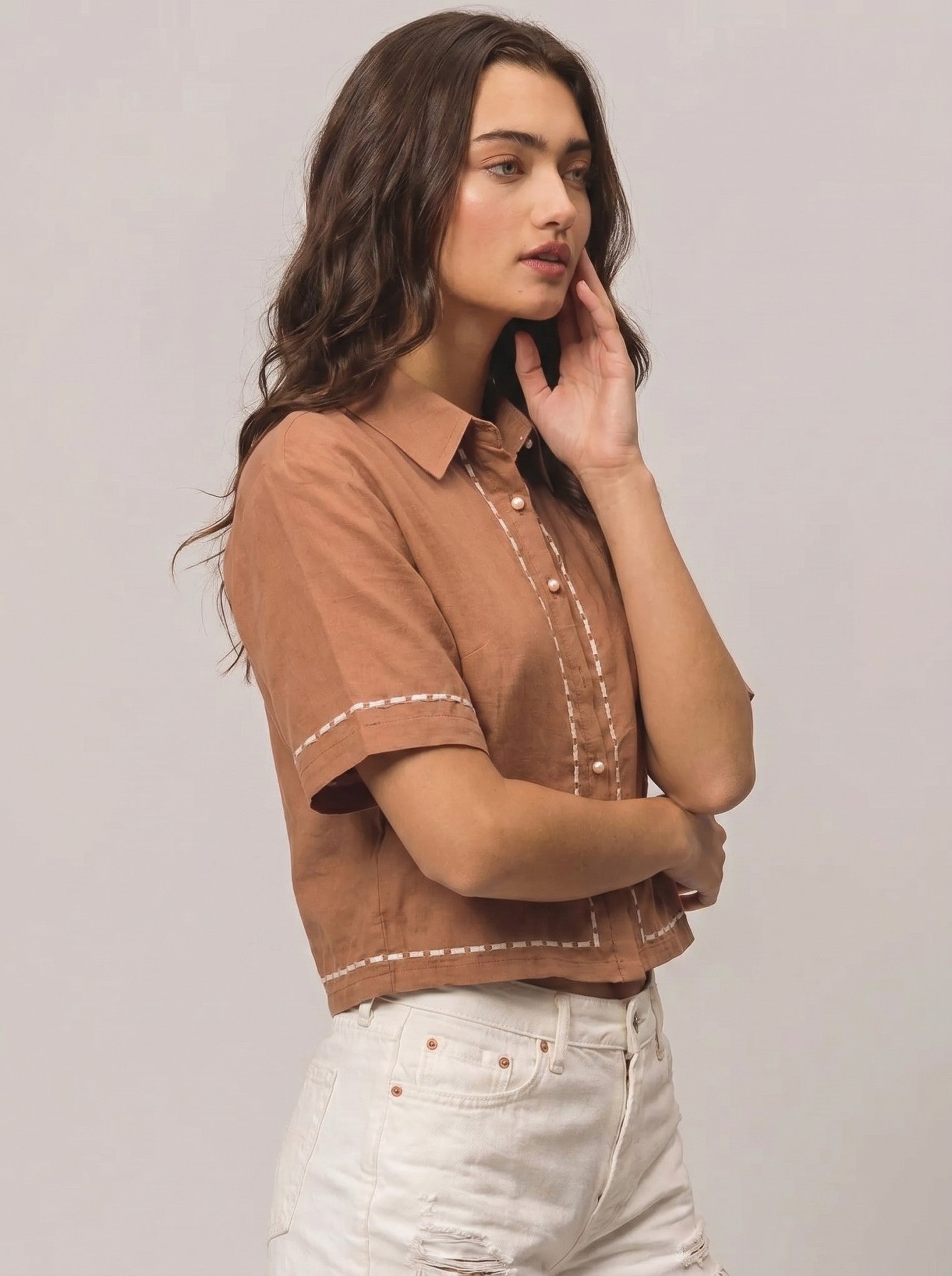 Dark Brown Cotton Collar Shirt Top