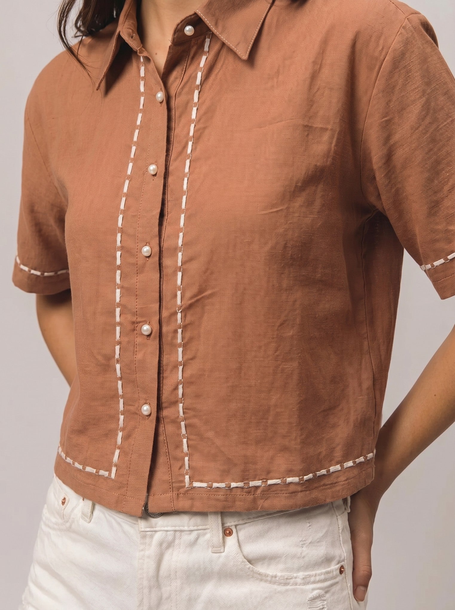 Dark Brown Cotton Collar Shirt Top